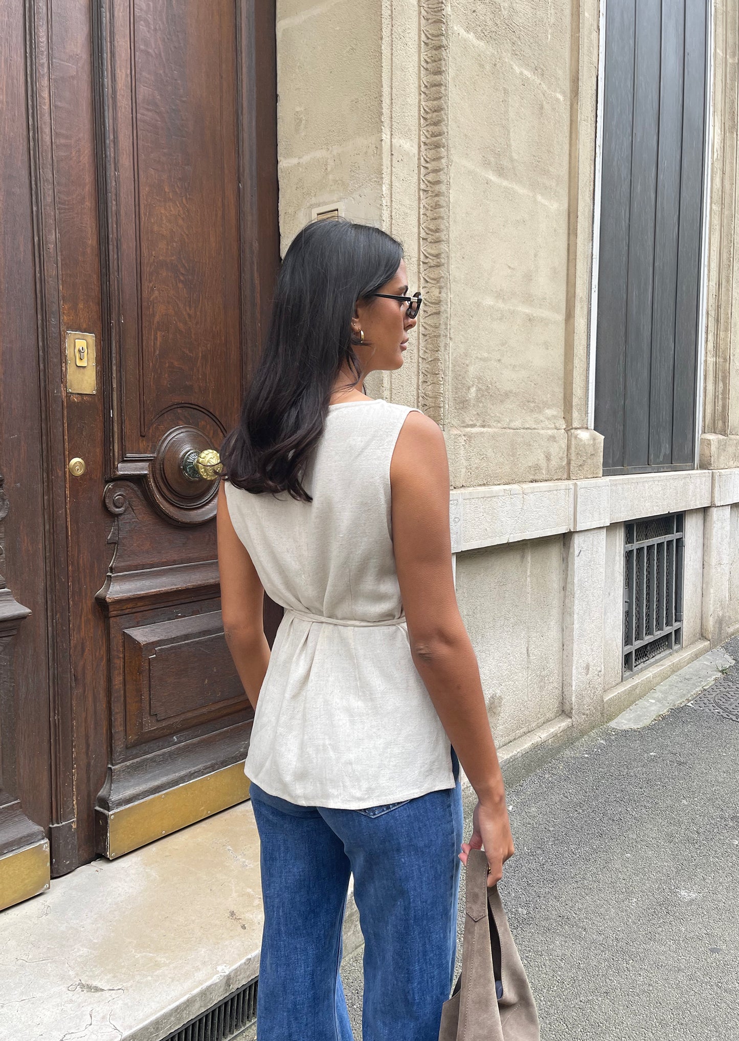 Linen blend top with bow