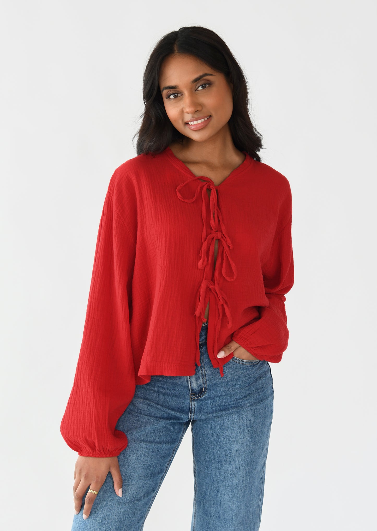 Textured tie front blouse