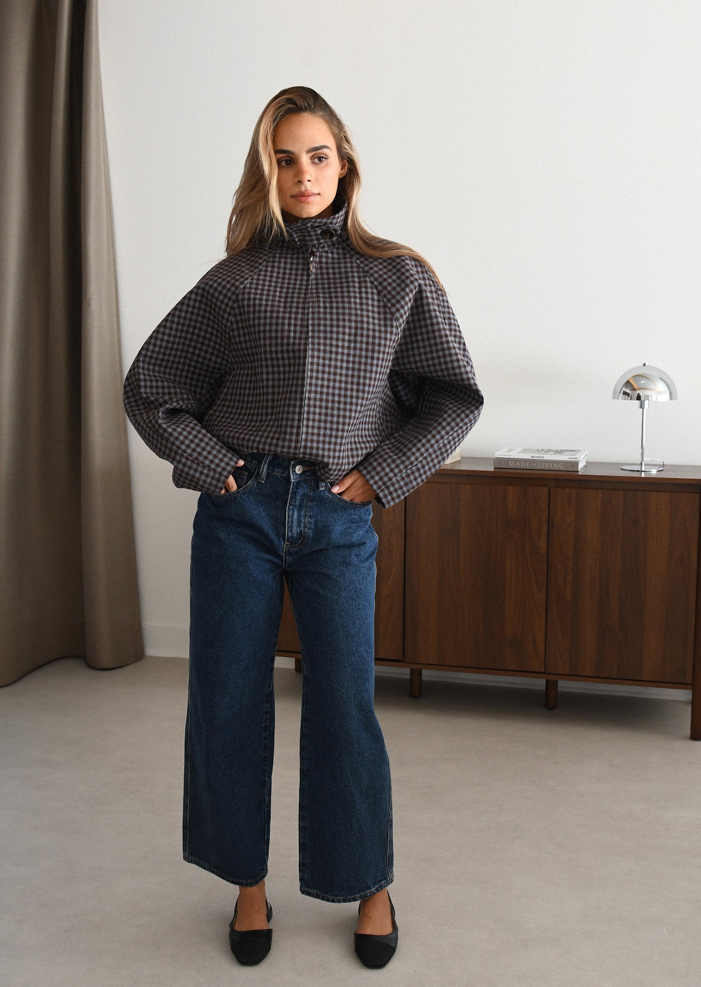 Chaqueta de cuadros con cuello alto