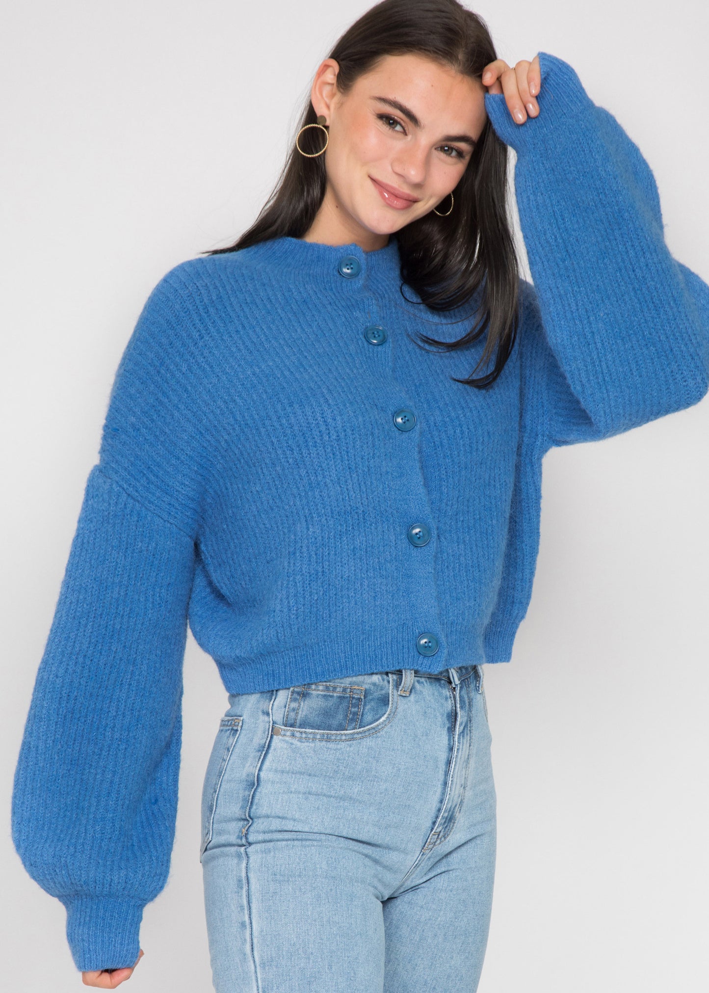 Cardigan bleu royal en maille boutonné à col montant