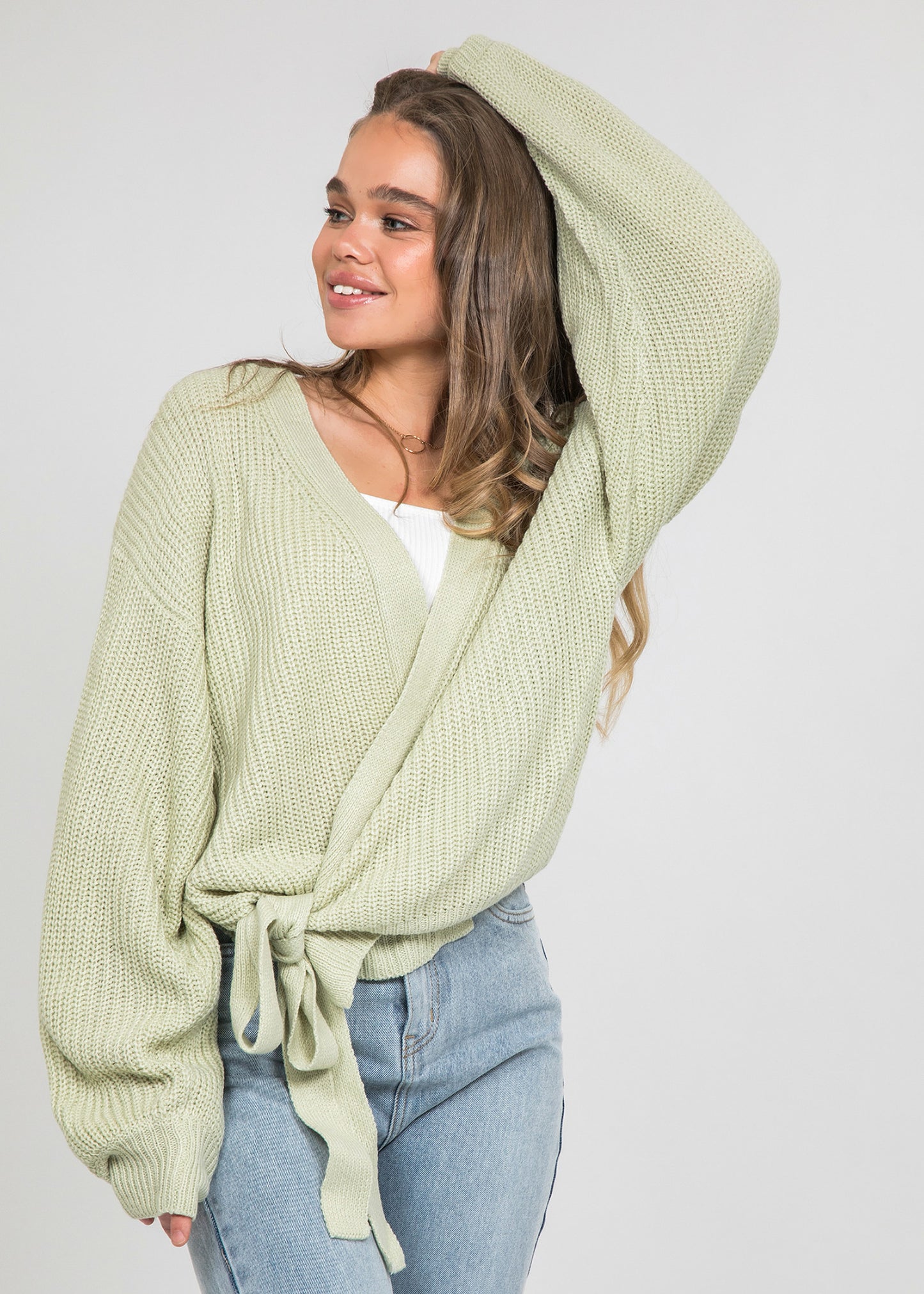 Wrap cardigan with tie front in light green