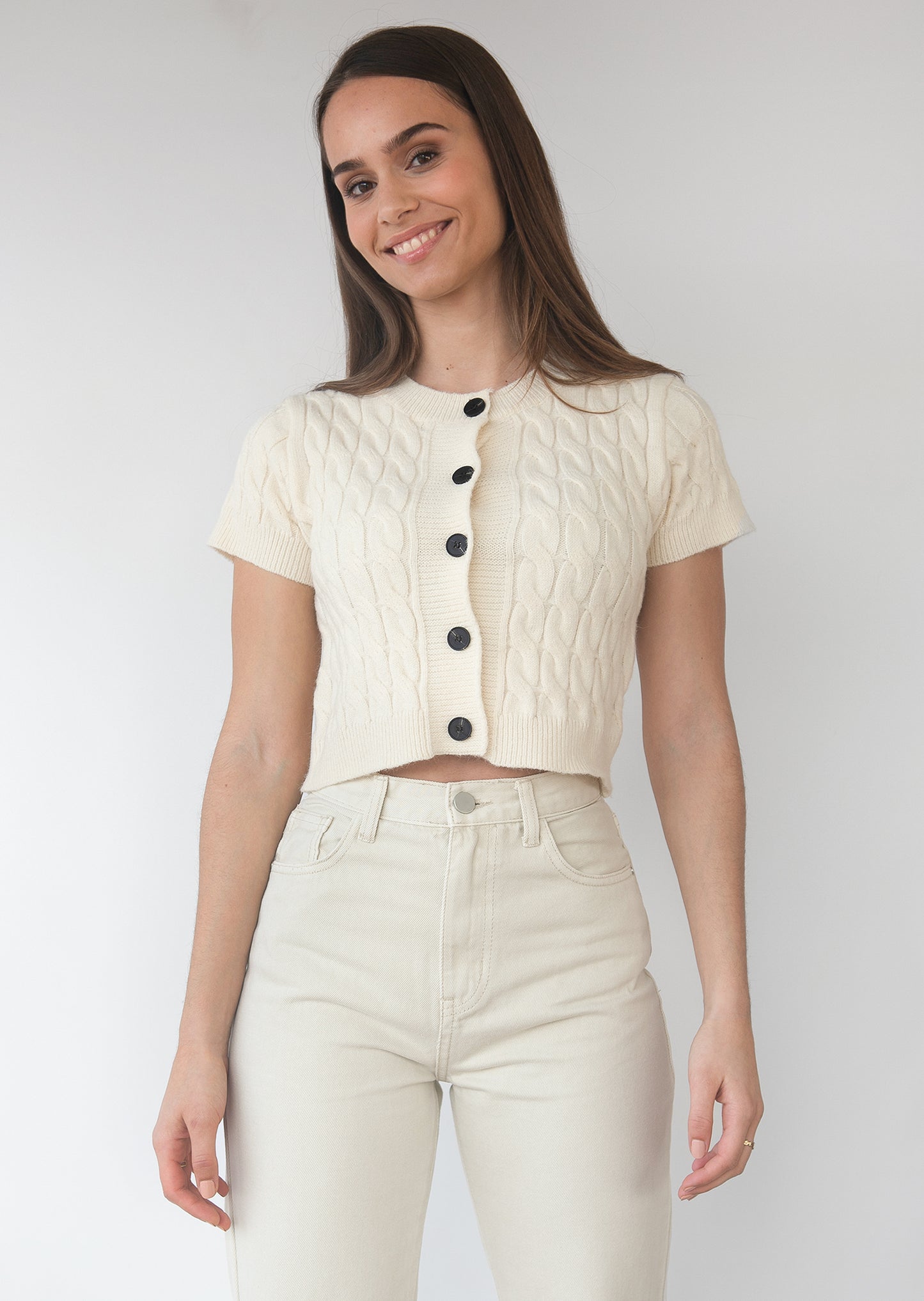 Short sleeve cable knit cardigan in beige