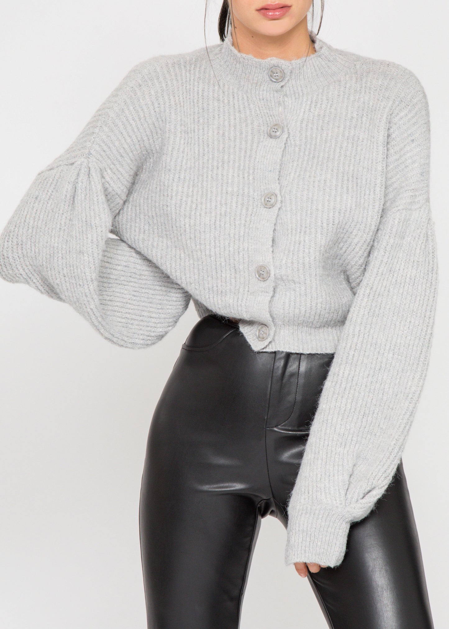 High neck knitted cardigan with buttons in grey