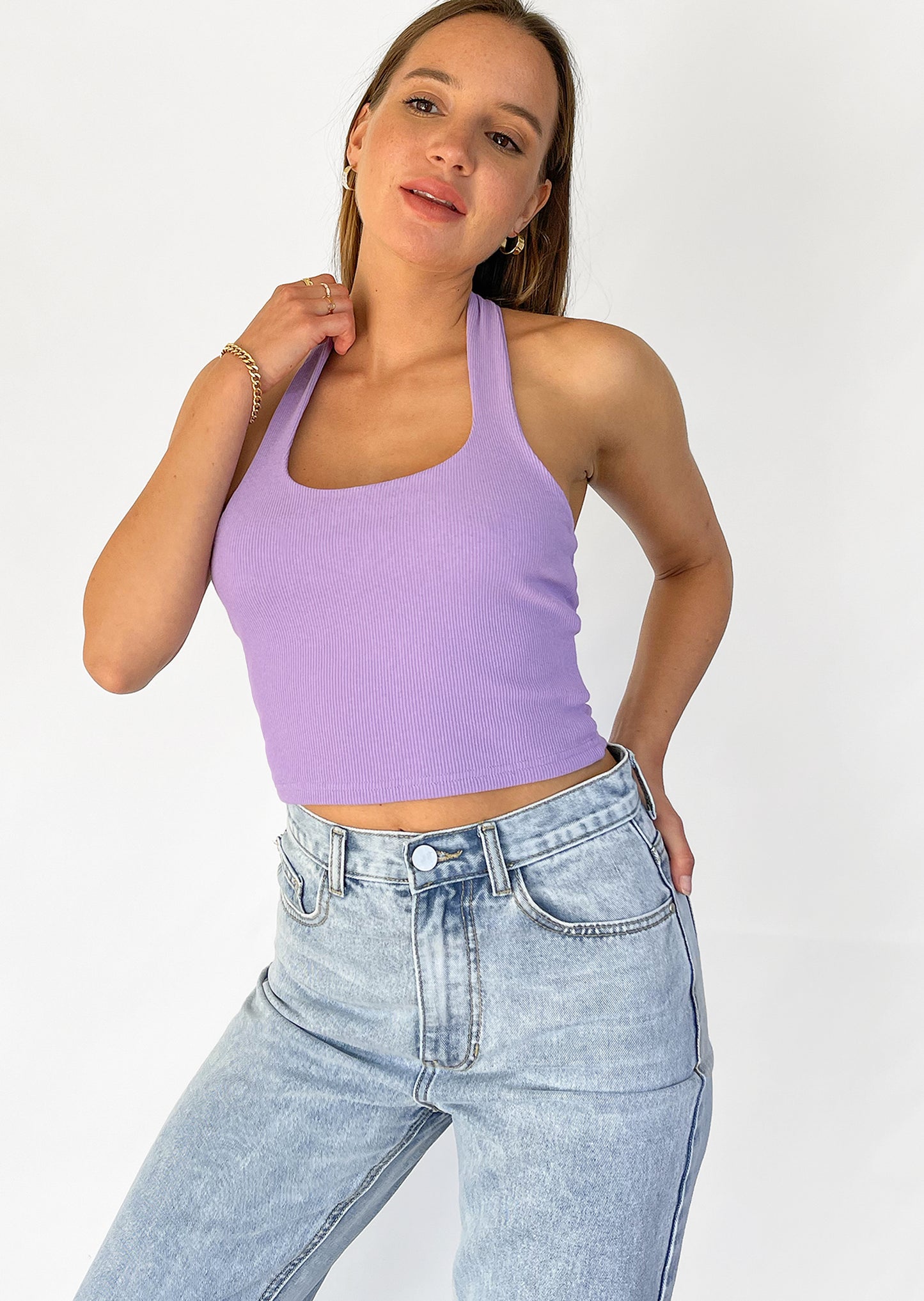 Crop top à dos-nu à encolure carrée lilas
