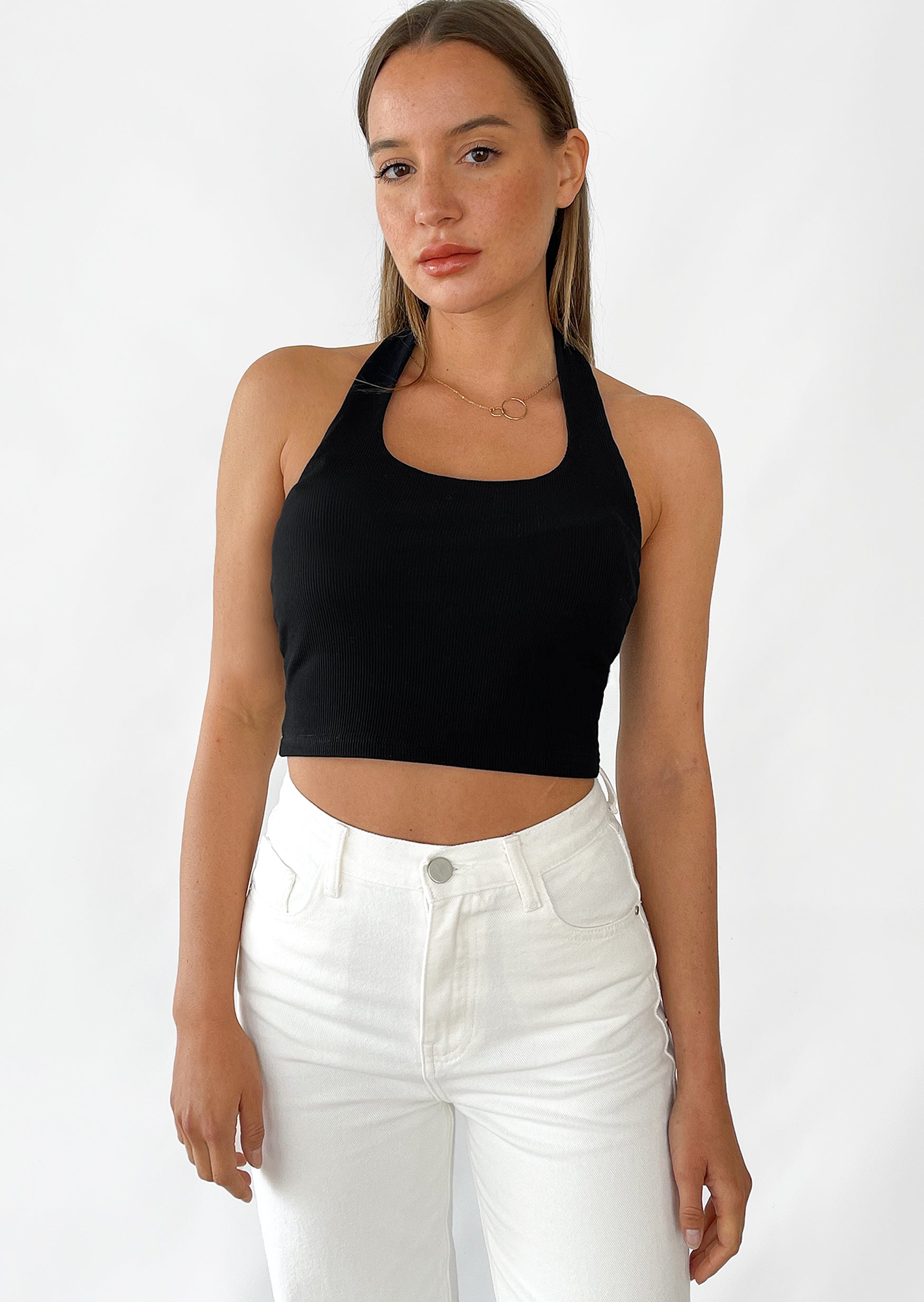 Square halter neck crop top in black - Main Image