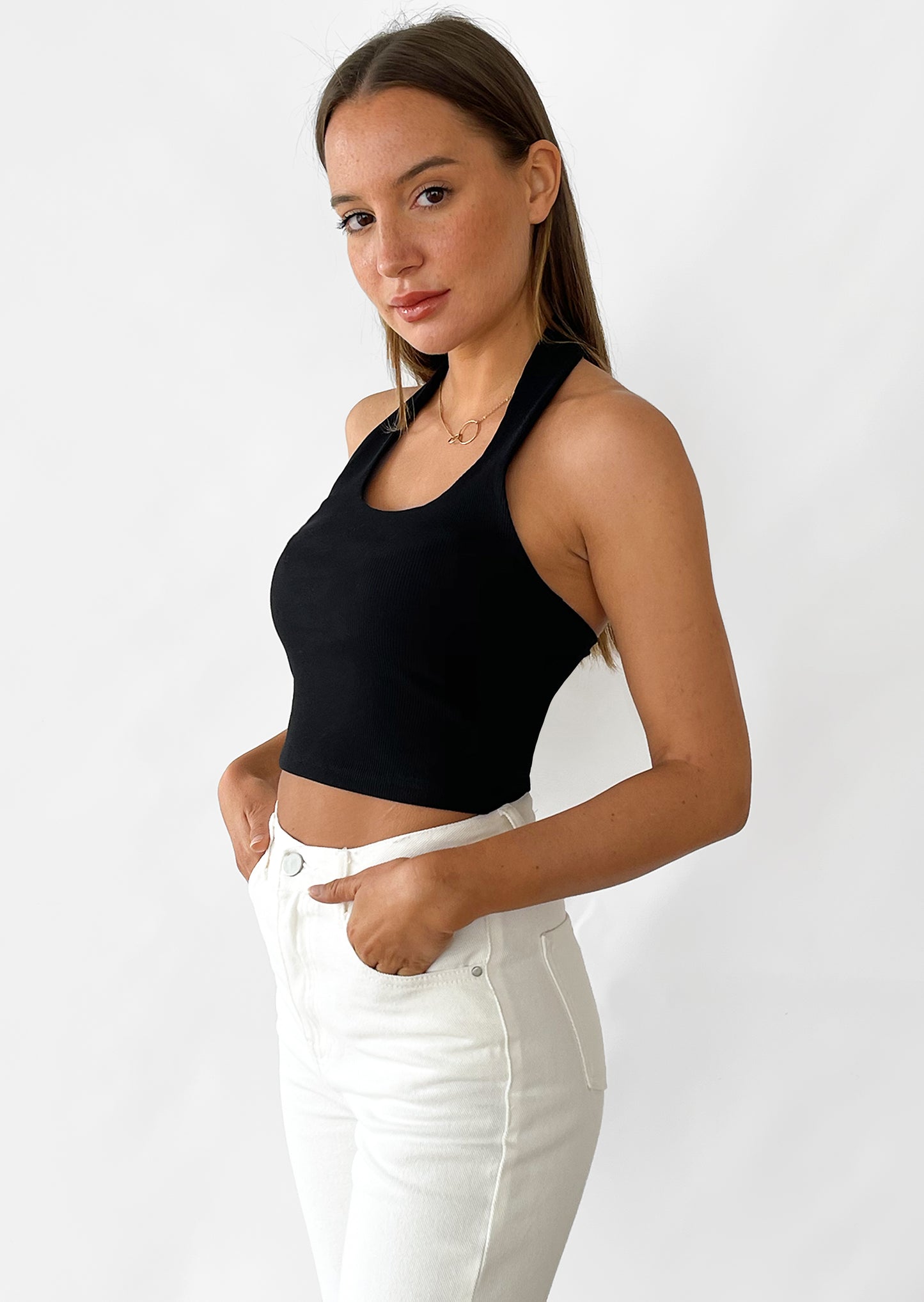 Crop top à dos-nu à encolure carrée noir
