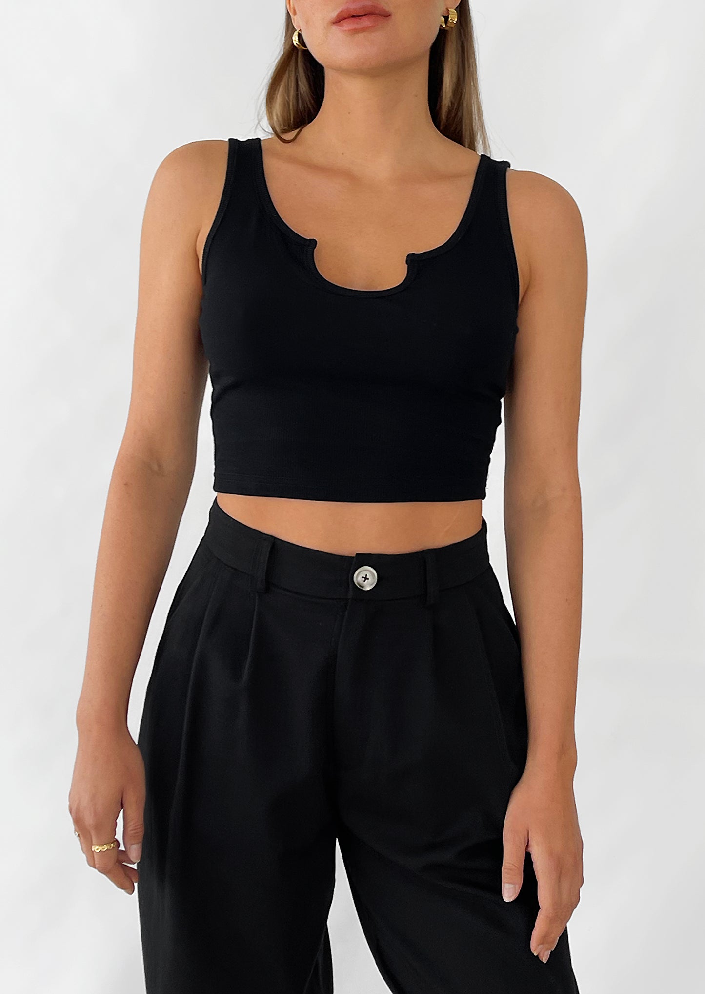 Ribbed vest with notch neck in black