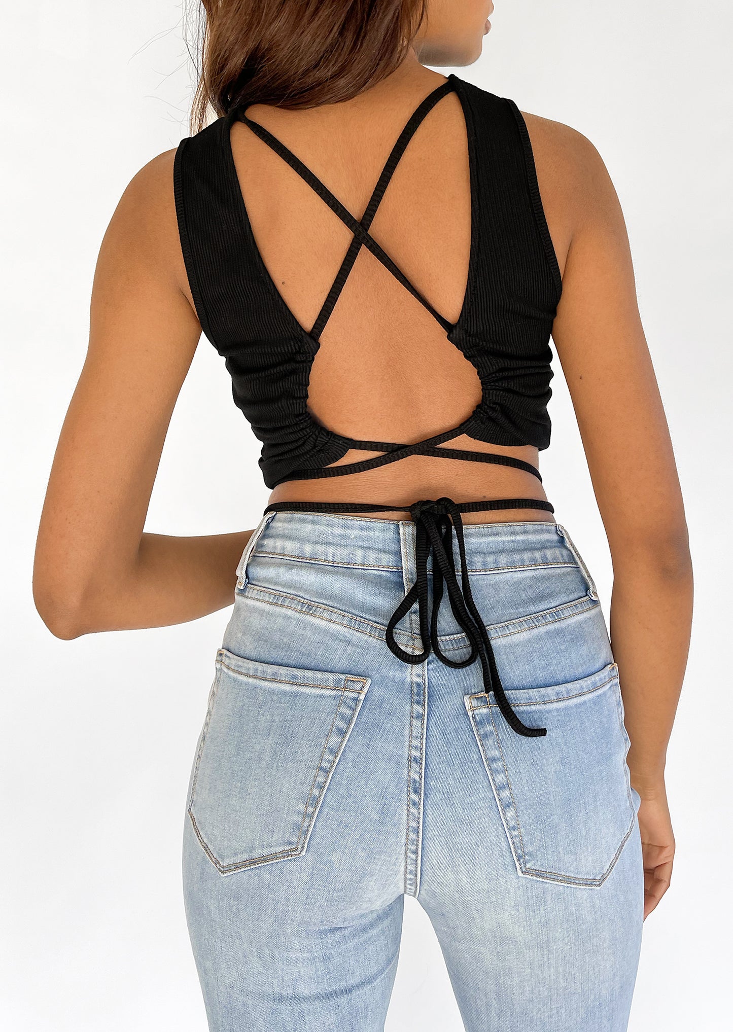 Open back top with cross tie detail in black