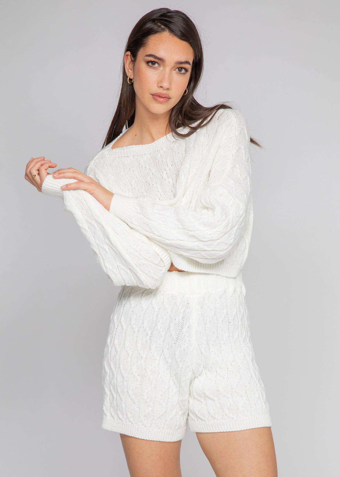 Ensemble pull et short en maille torsadée blanc