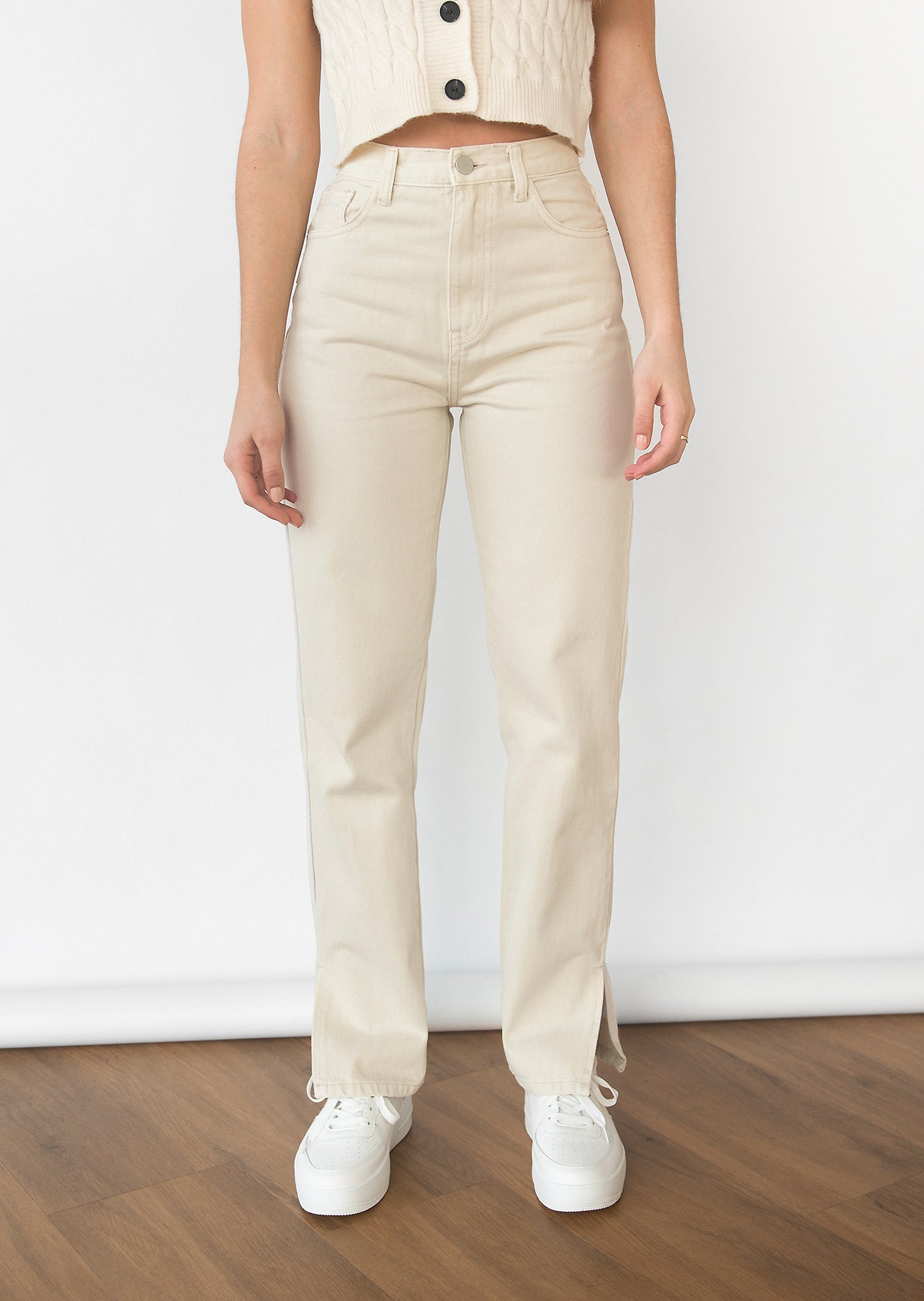 Beige Straight Leg Split Detail Jeans