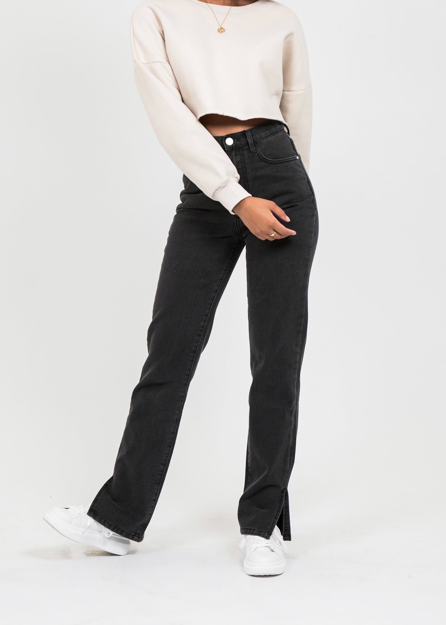 Straight leg split detail jeans in washed black