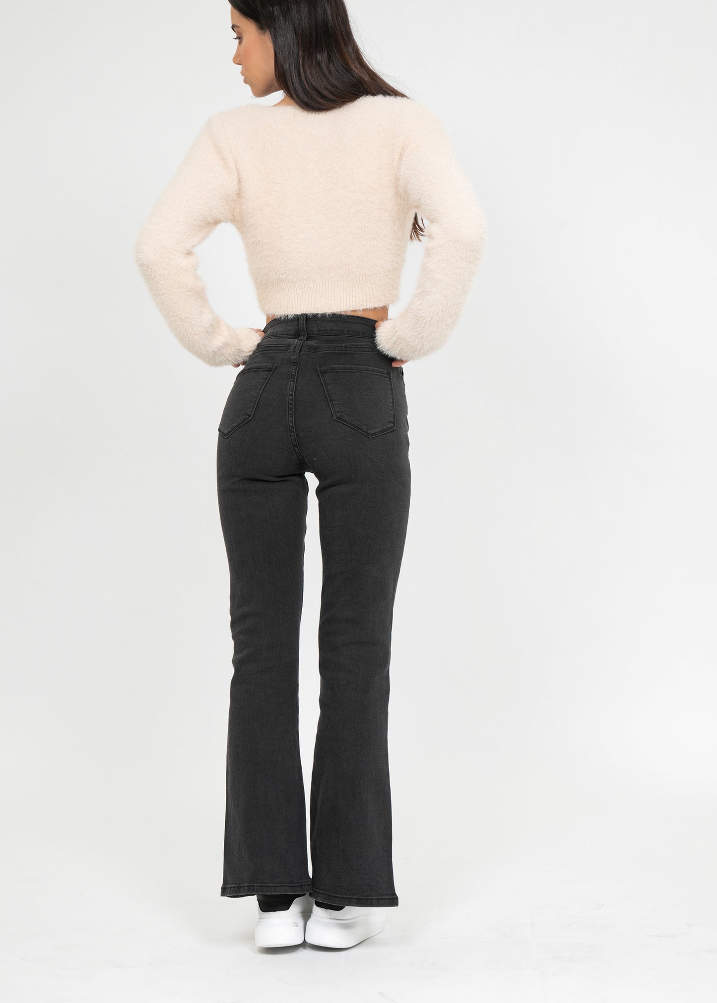 Flare jeans with splits hem in dark grey