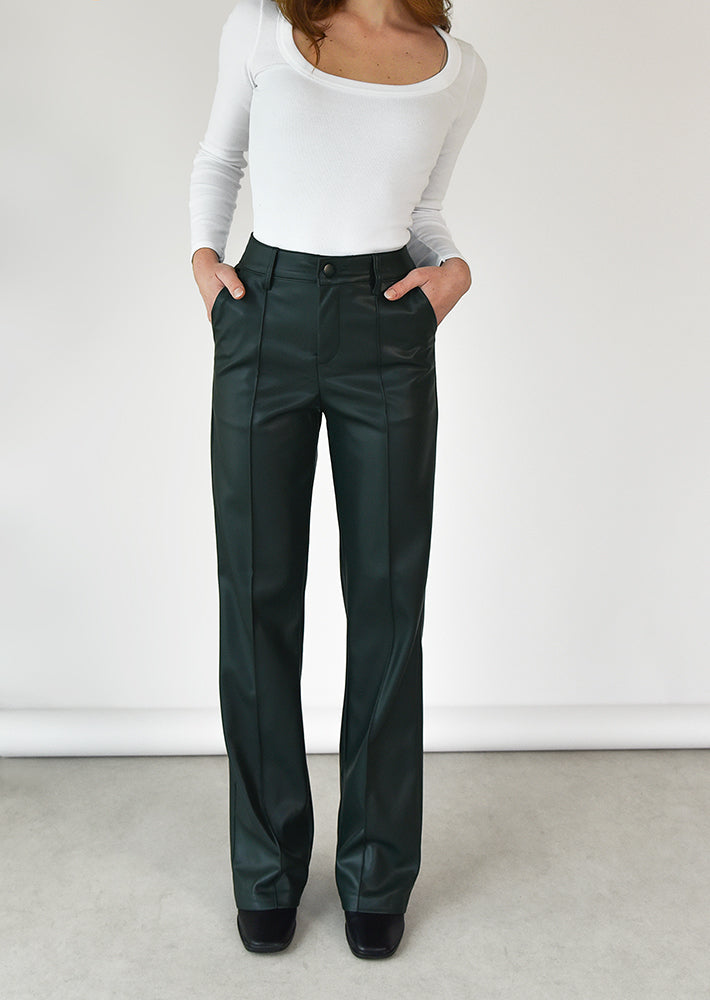 Pantalon droit similicuir vert foncé