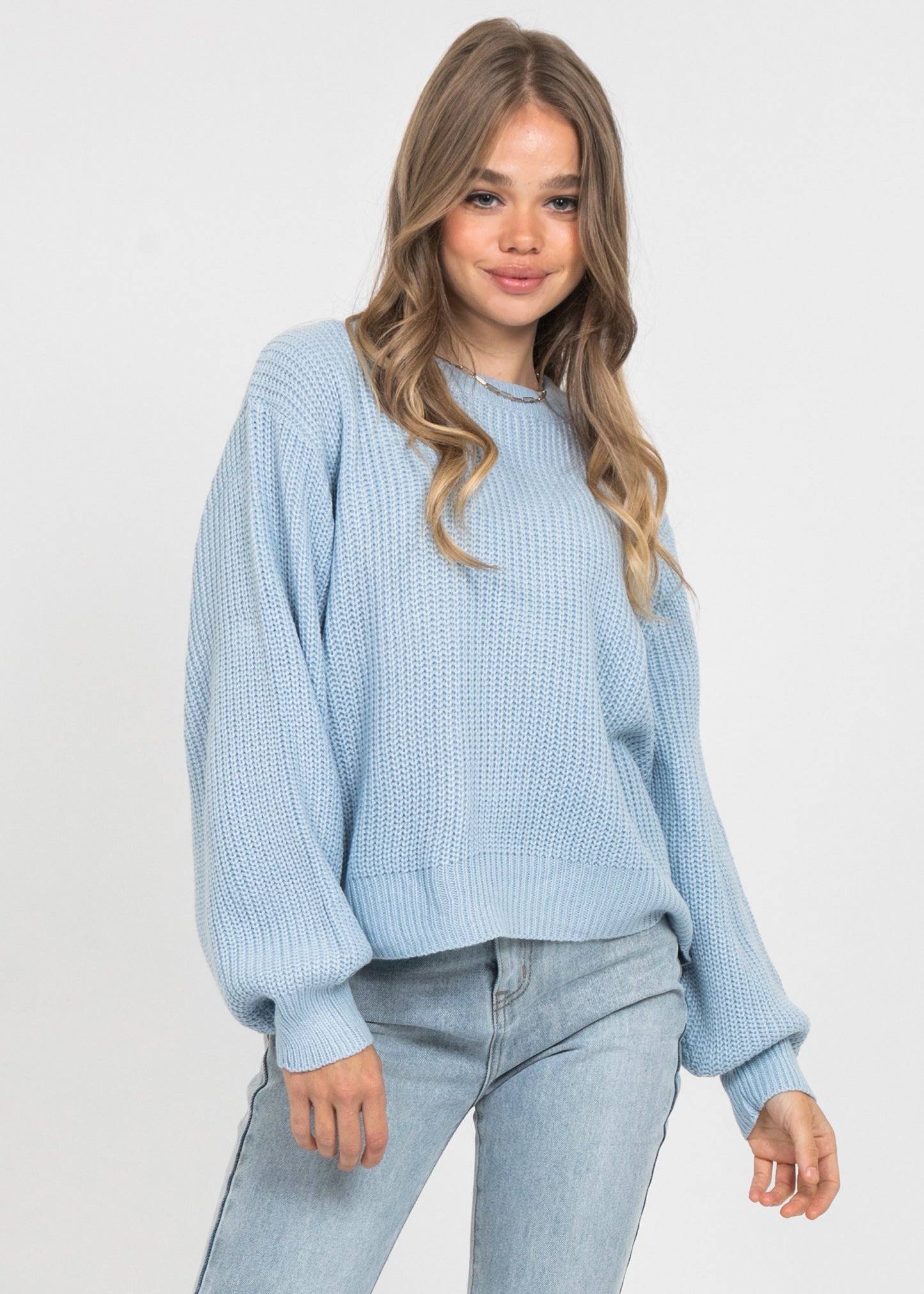 Jersey con cuello redondo y manga de globo en azul