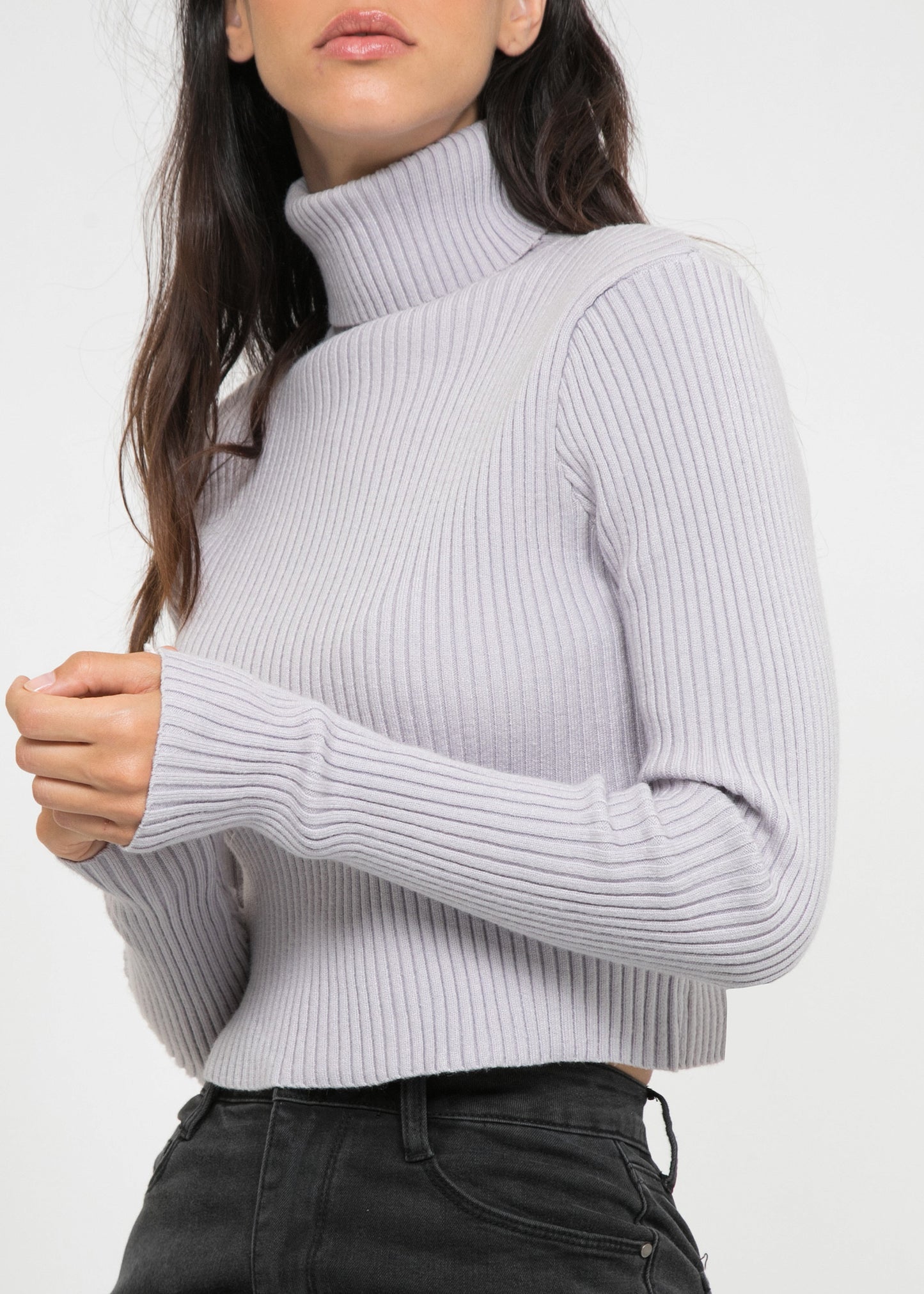 Ribbed roll neck jumper in mauve