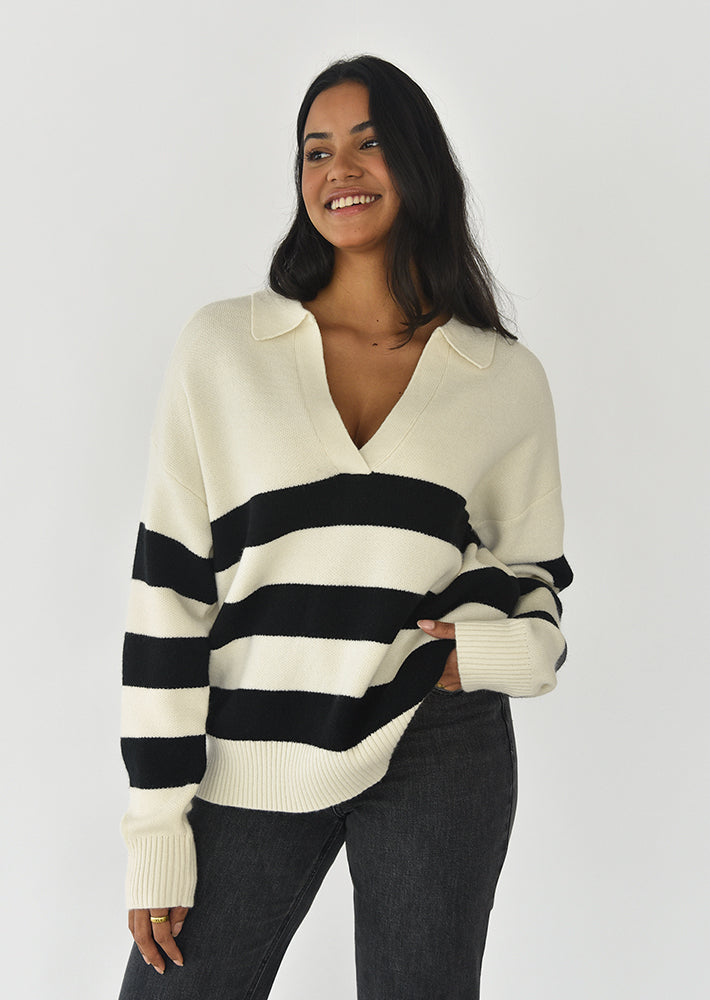 Pull en maille à rayures col polo
