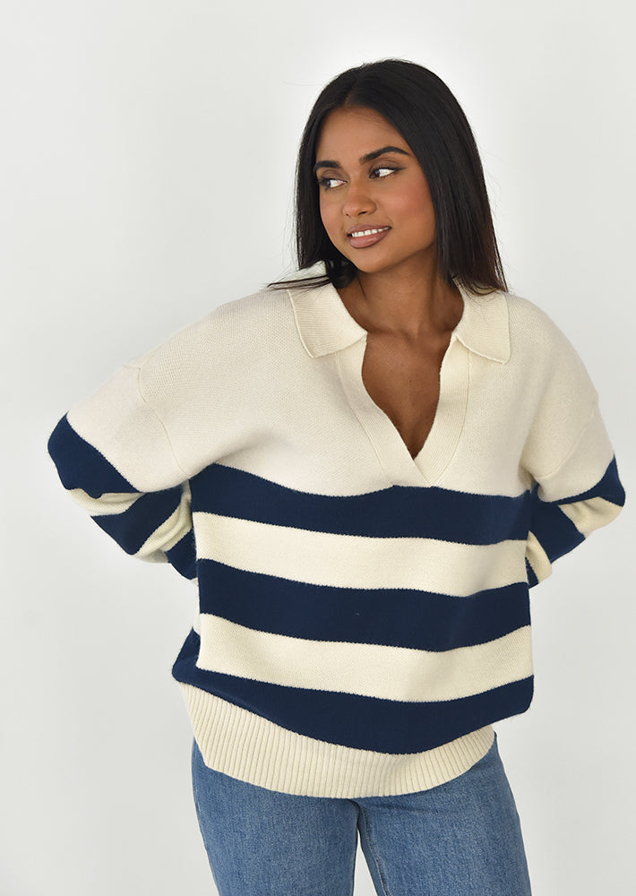 Striped knit collar jumper