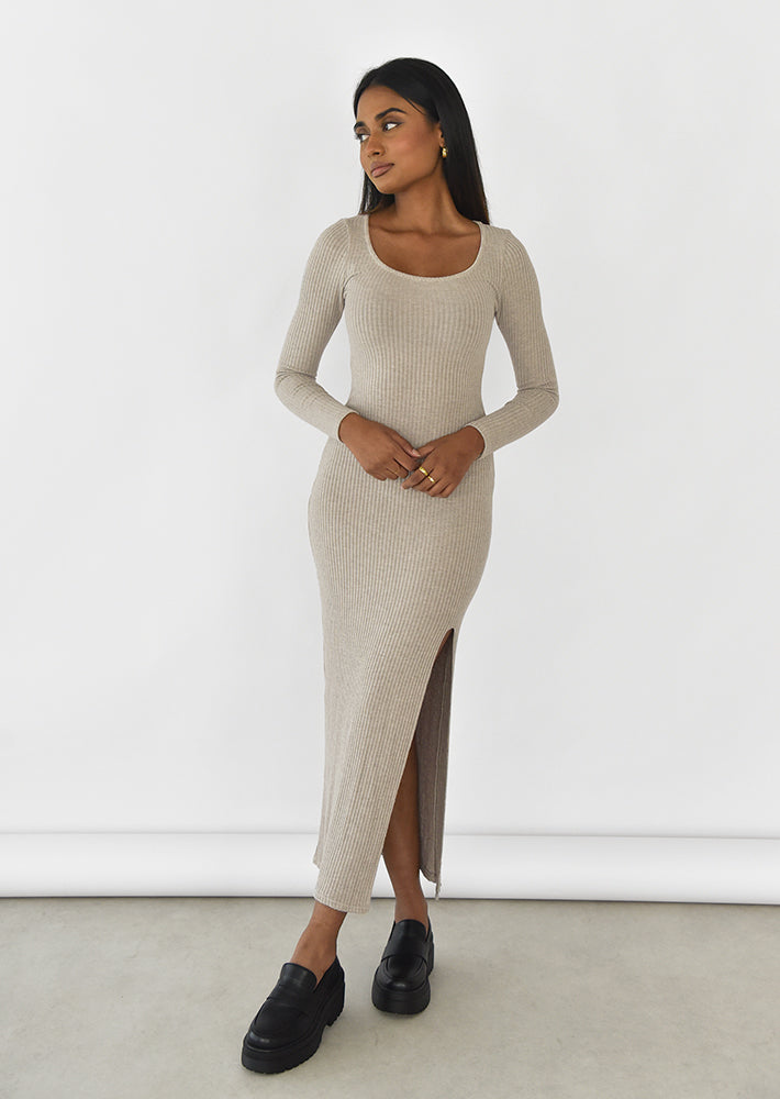 ribbed midi dress with split Jordana Long Sleeve Waist Tie Ribbed Midi Dress Beige