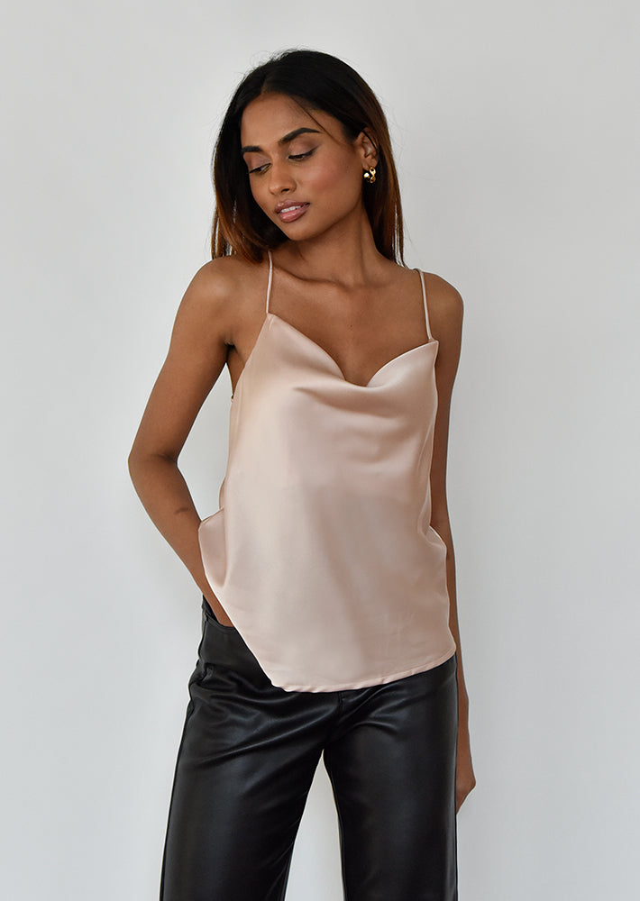 Cowl neck satin cami in beige - Main Image
