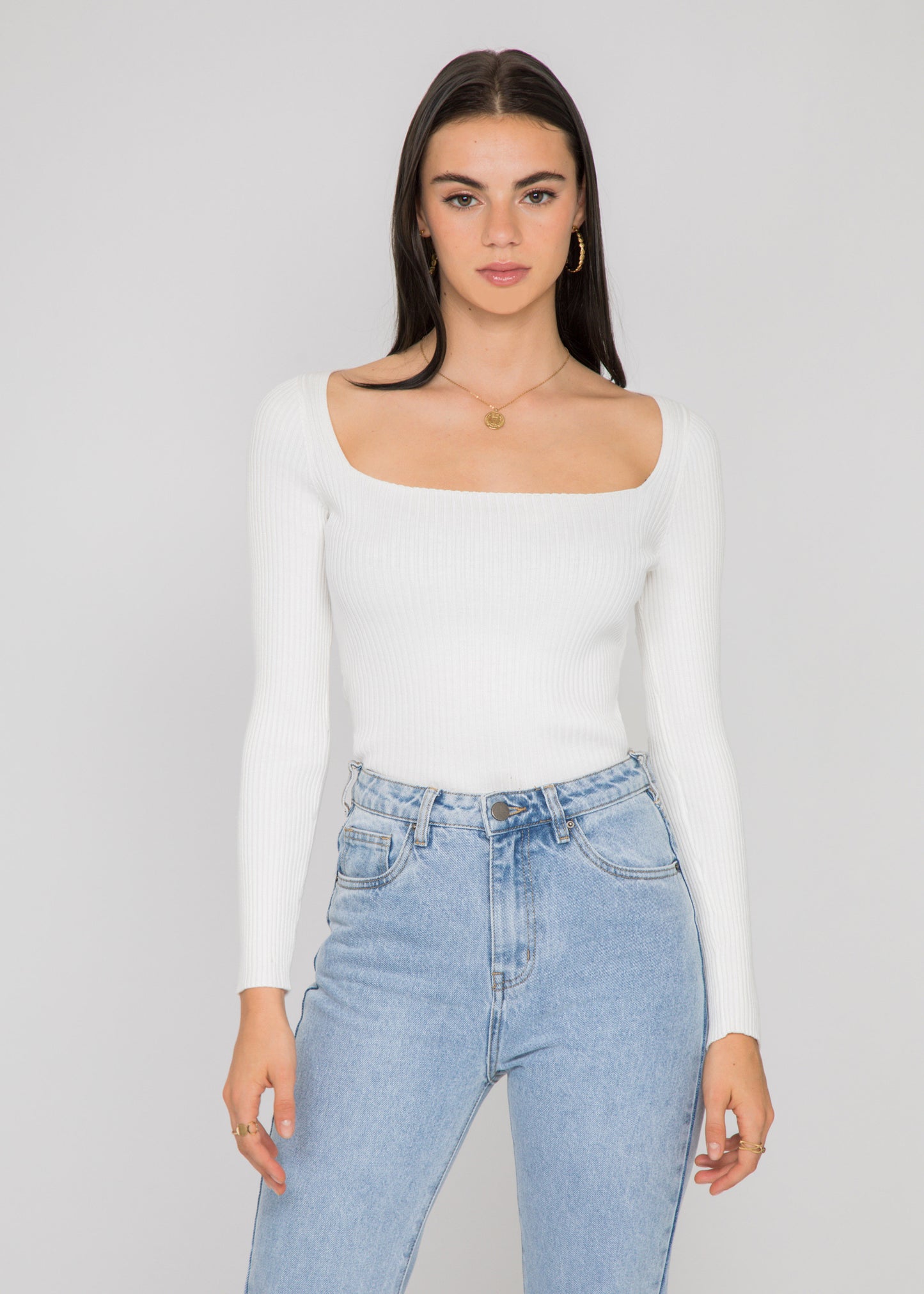 Top côtelé blanc à col carré