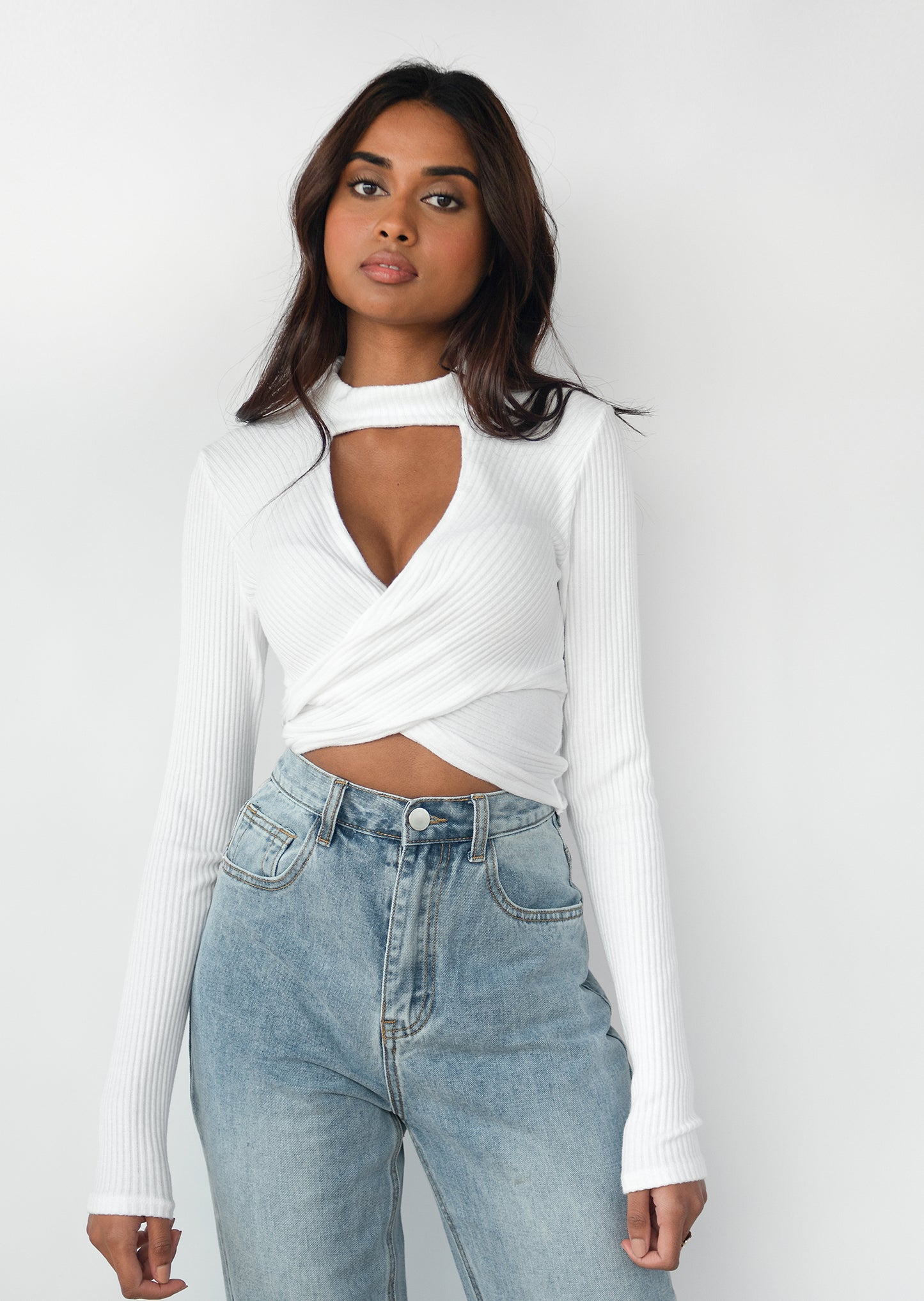 High neck cross over top with cut out in white