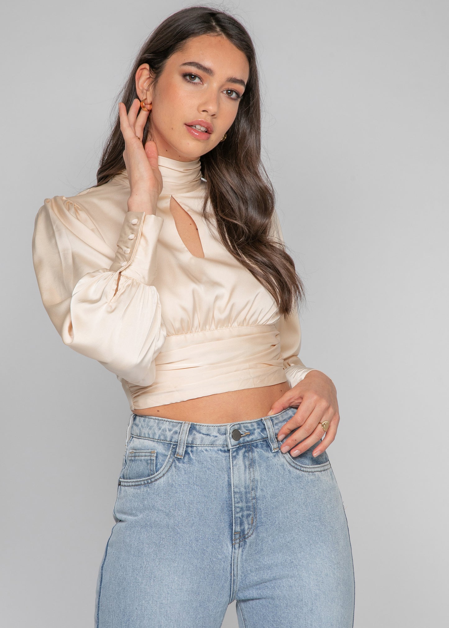 Satin backless high neck top in beige