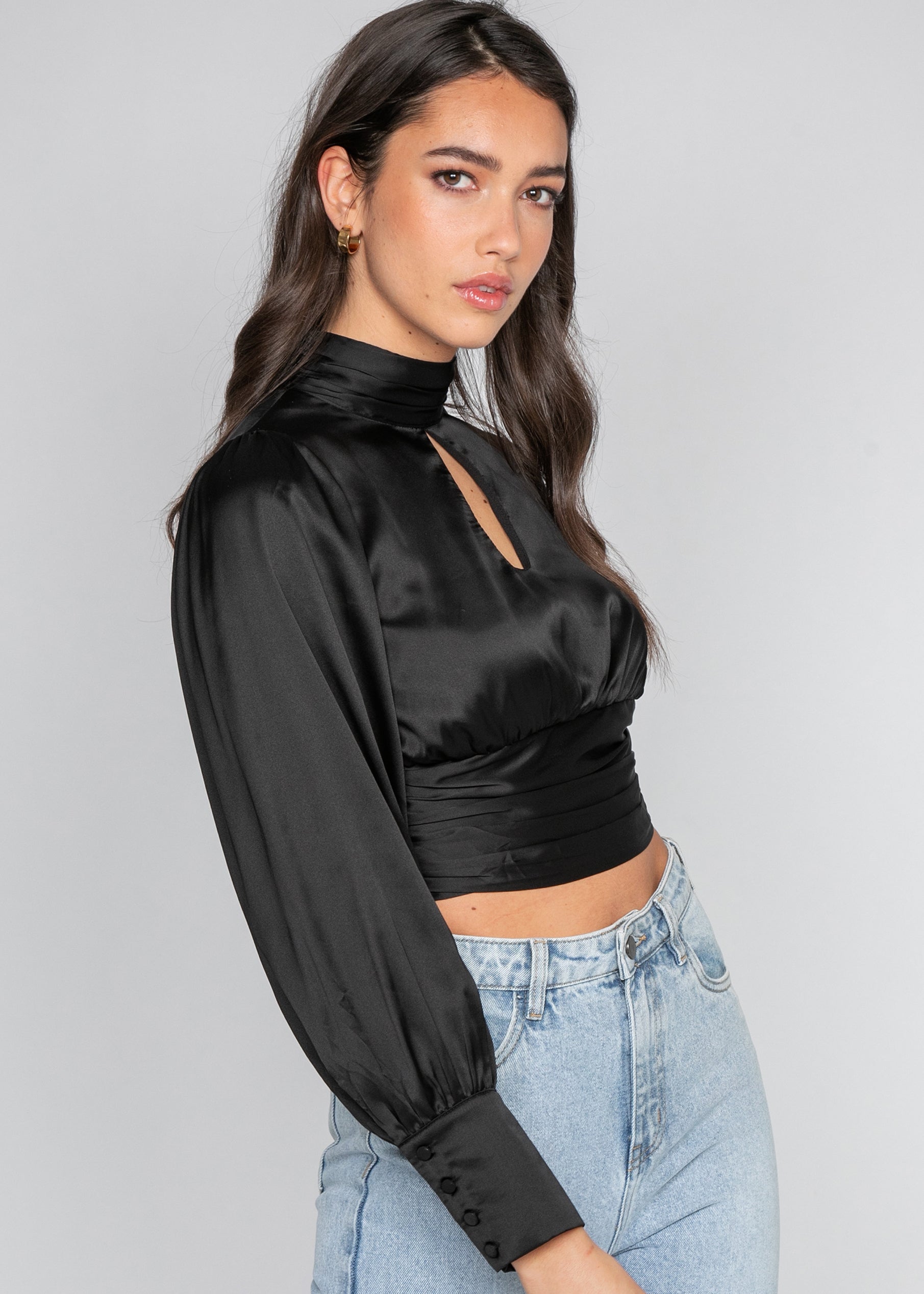 Satin backless high neck top in black
