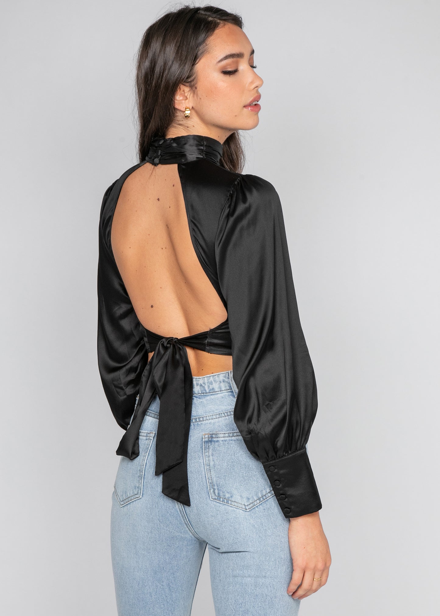 Satin backless high neck top in black