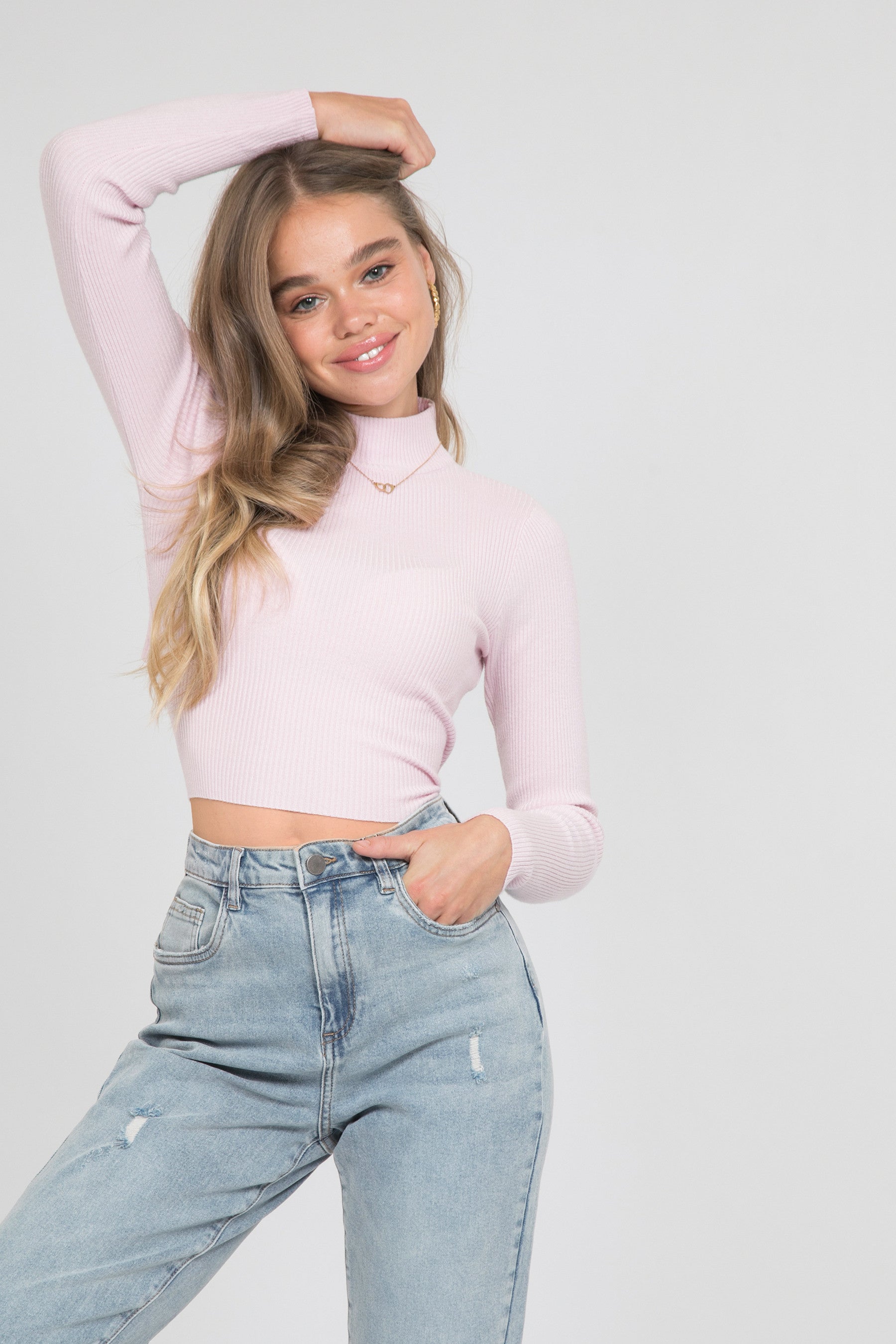 Long sleeve top with knot back detail in soft pink –
