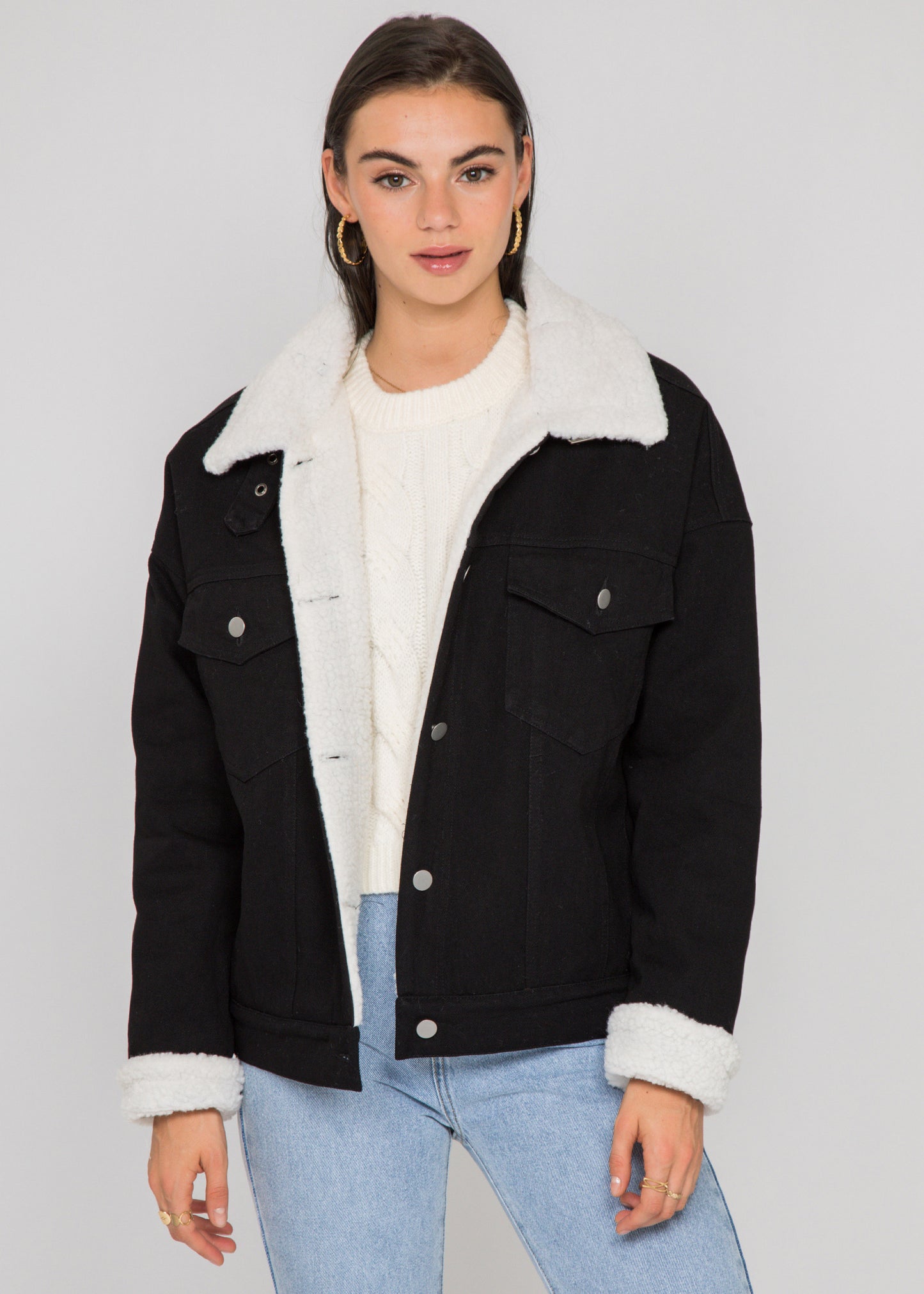 Sherpa trucker denim jacket in black
