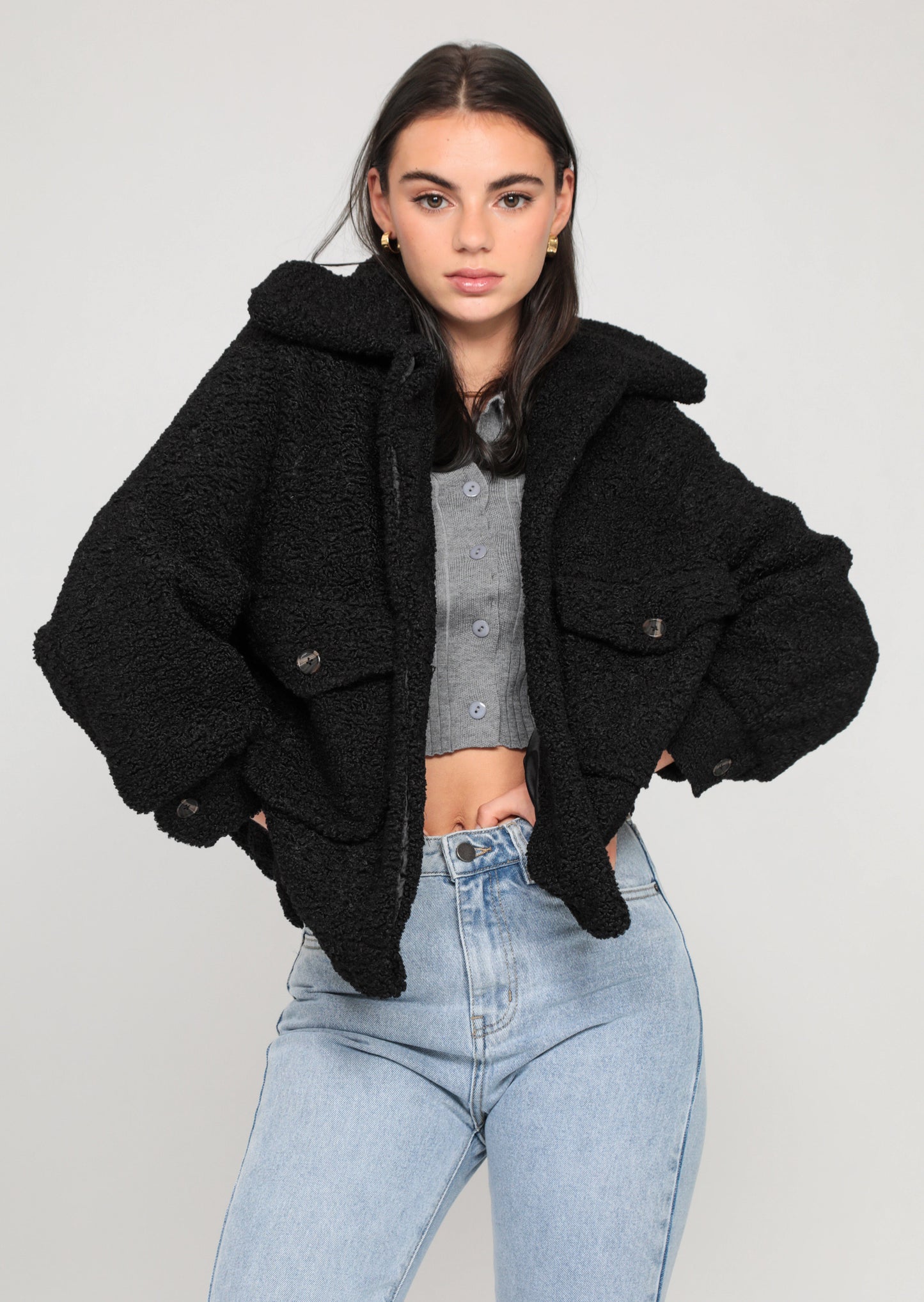 Veste oversize effet peau de mouton noir