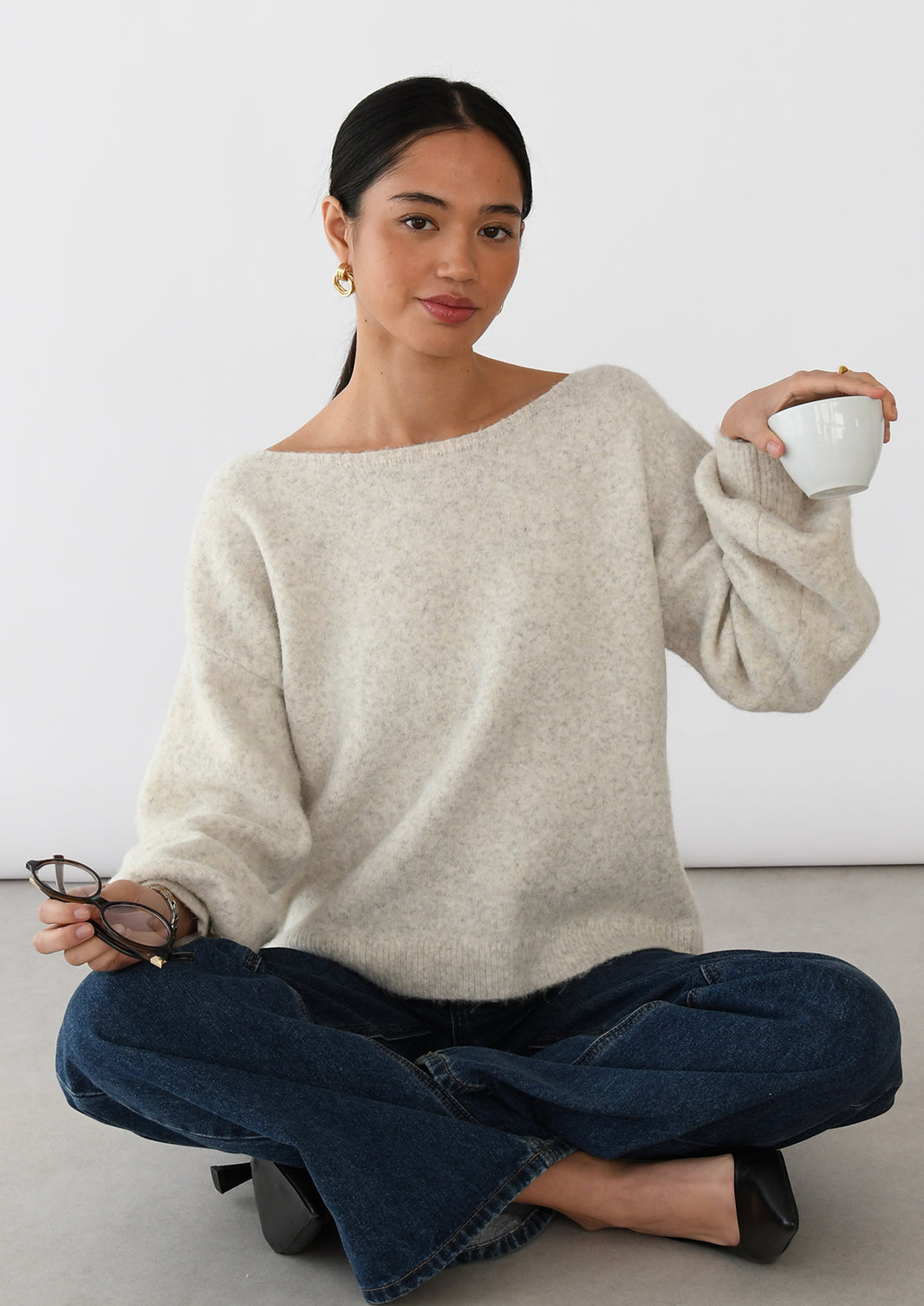 Boat-neck knitted sweater