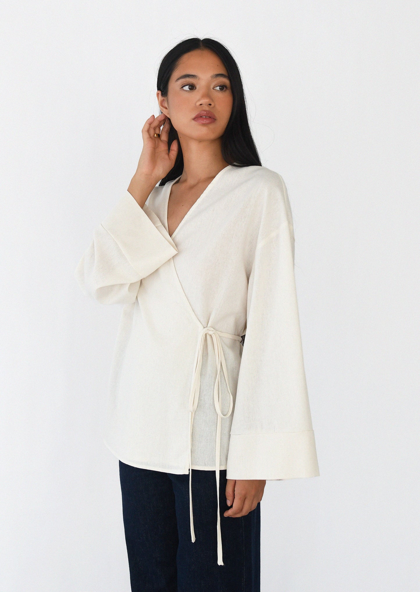 Blouse cache-coeur en lin mélangé