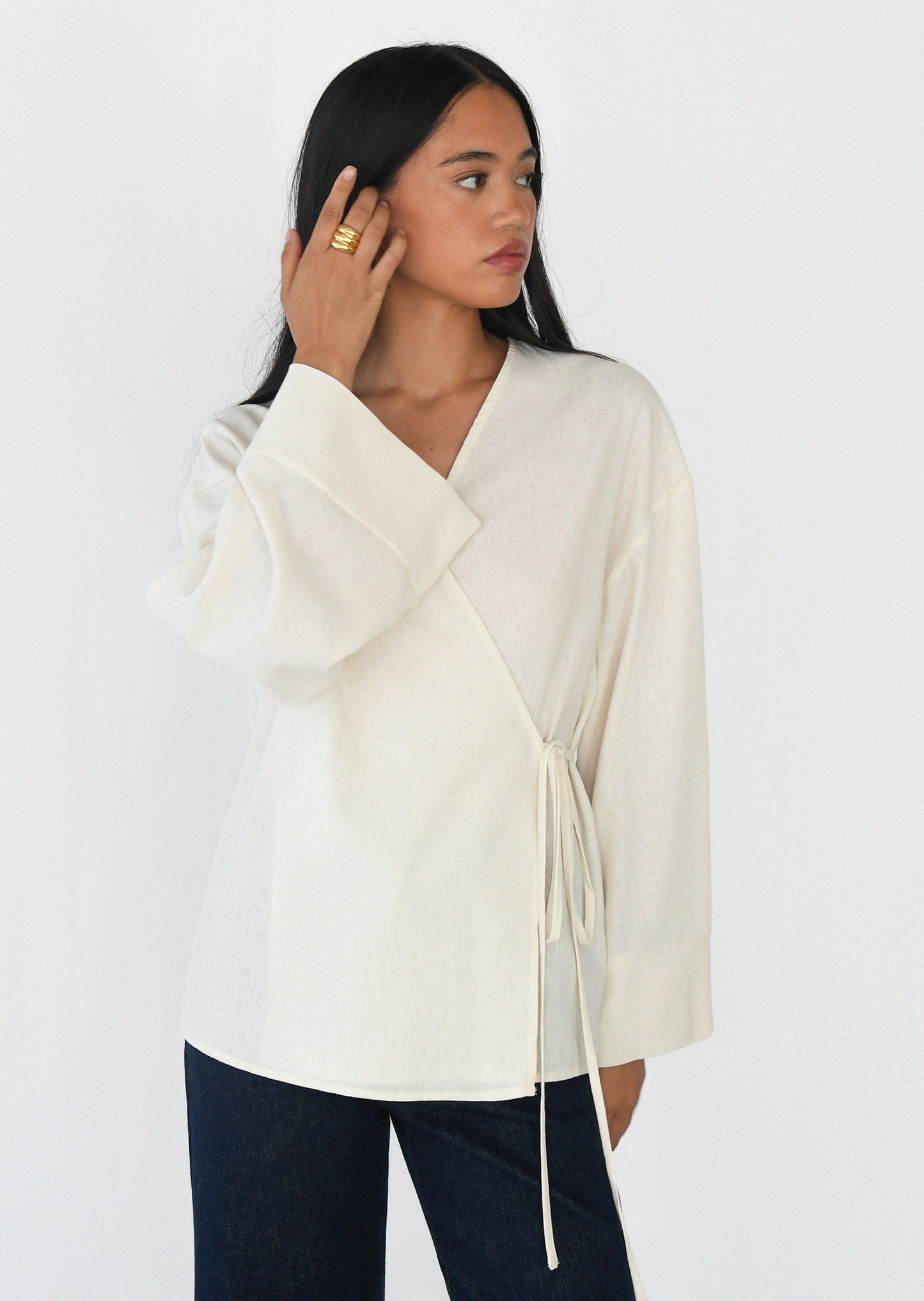 Blouse cache-coeur en lin mélangé