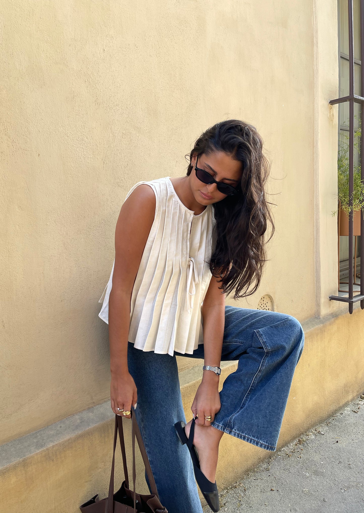 Pleated linen-blend top