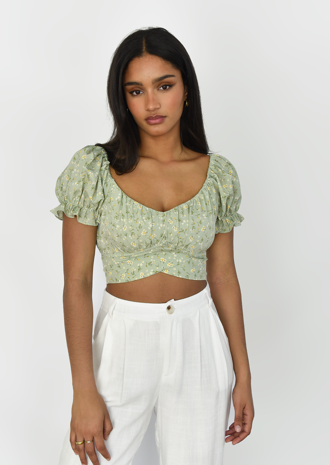 Crop top fleuri noué dans le dos vert