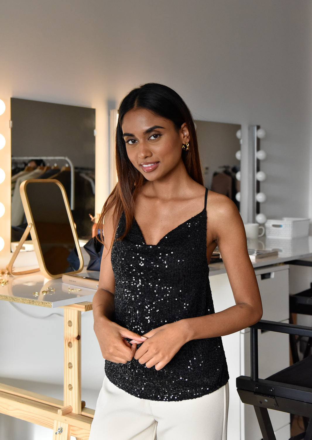 Sequin cowl neck cami in black