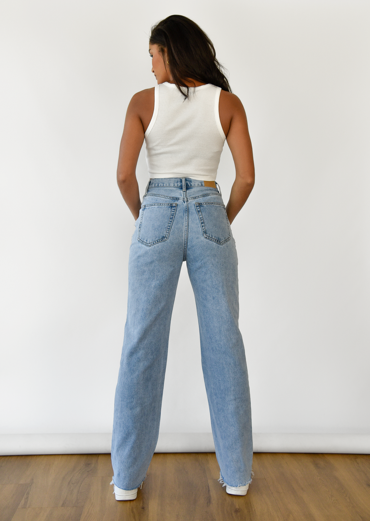 Stepped waistband straight jeans