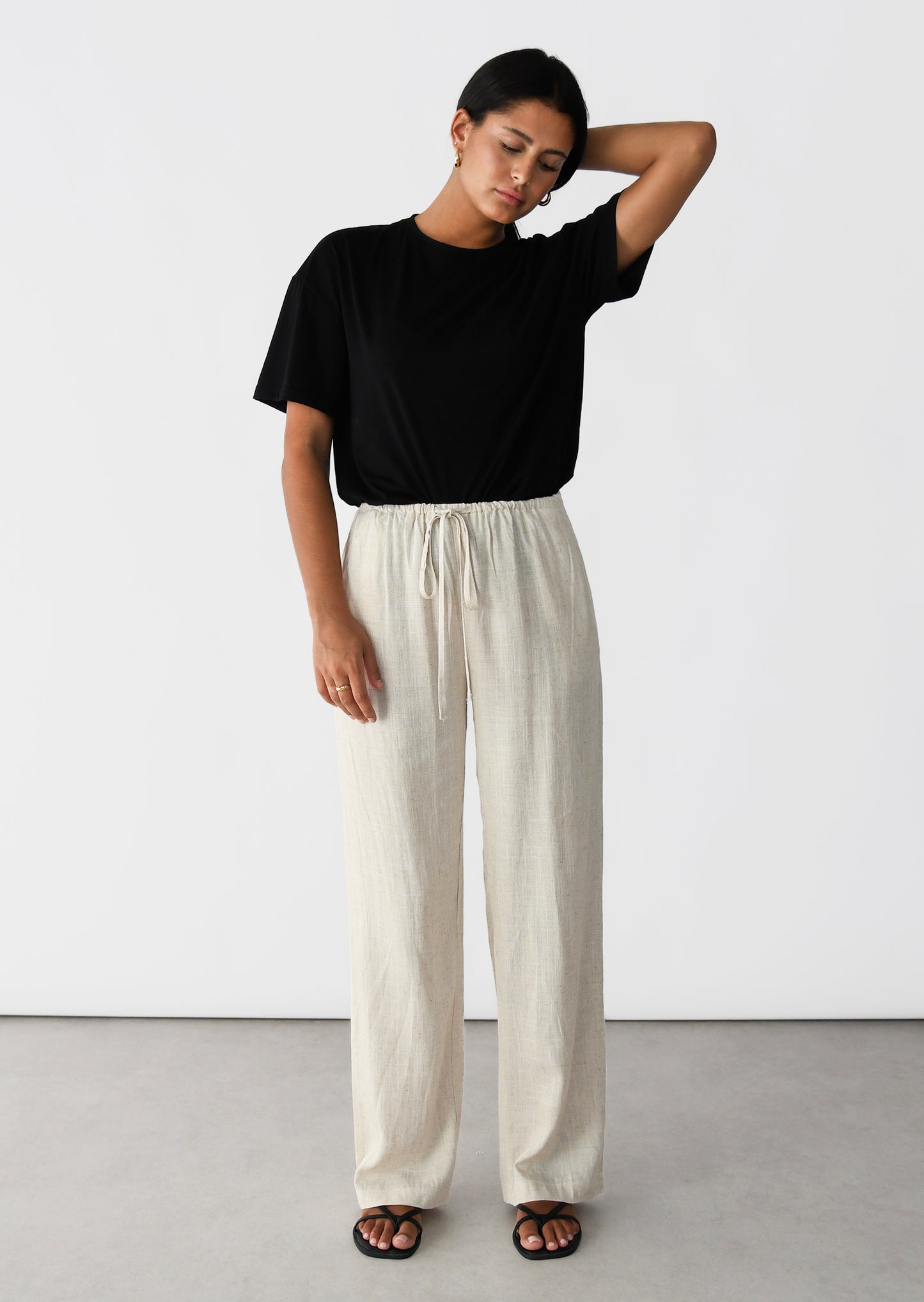 Linen wide-leg drawstring trousers