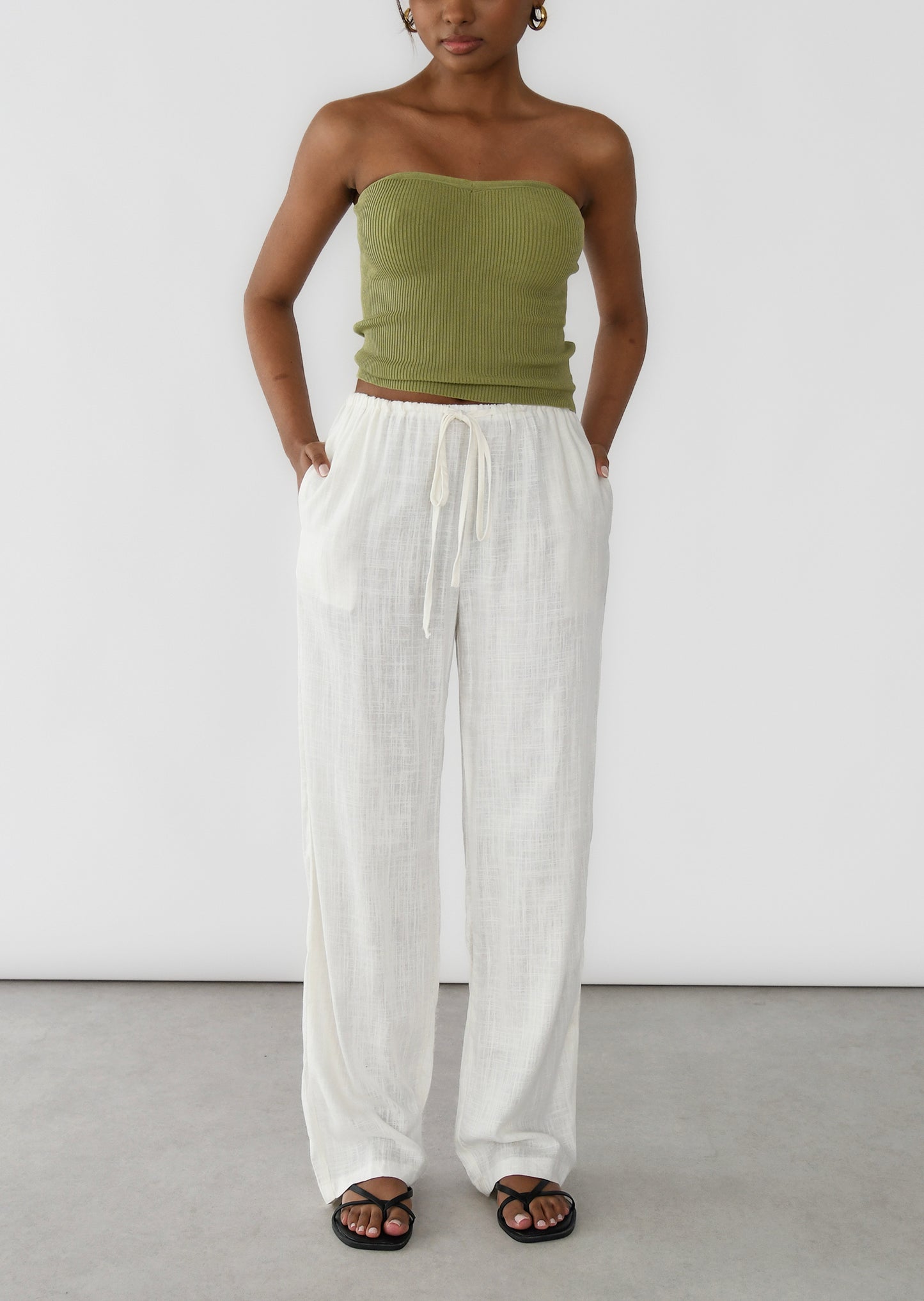 Linen wide-leg drawstring trousers