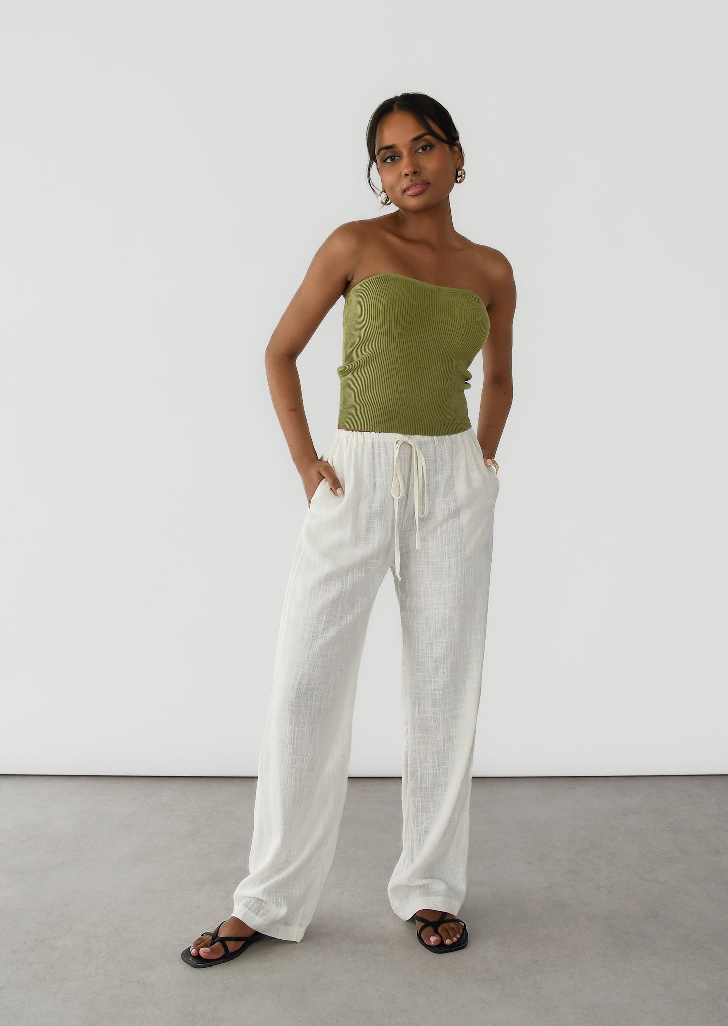 Linen wide-leg drawstring trousers