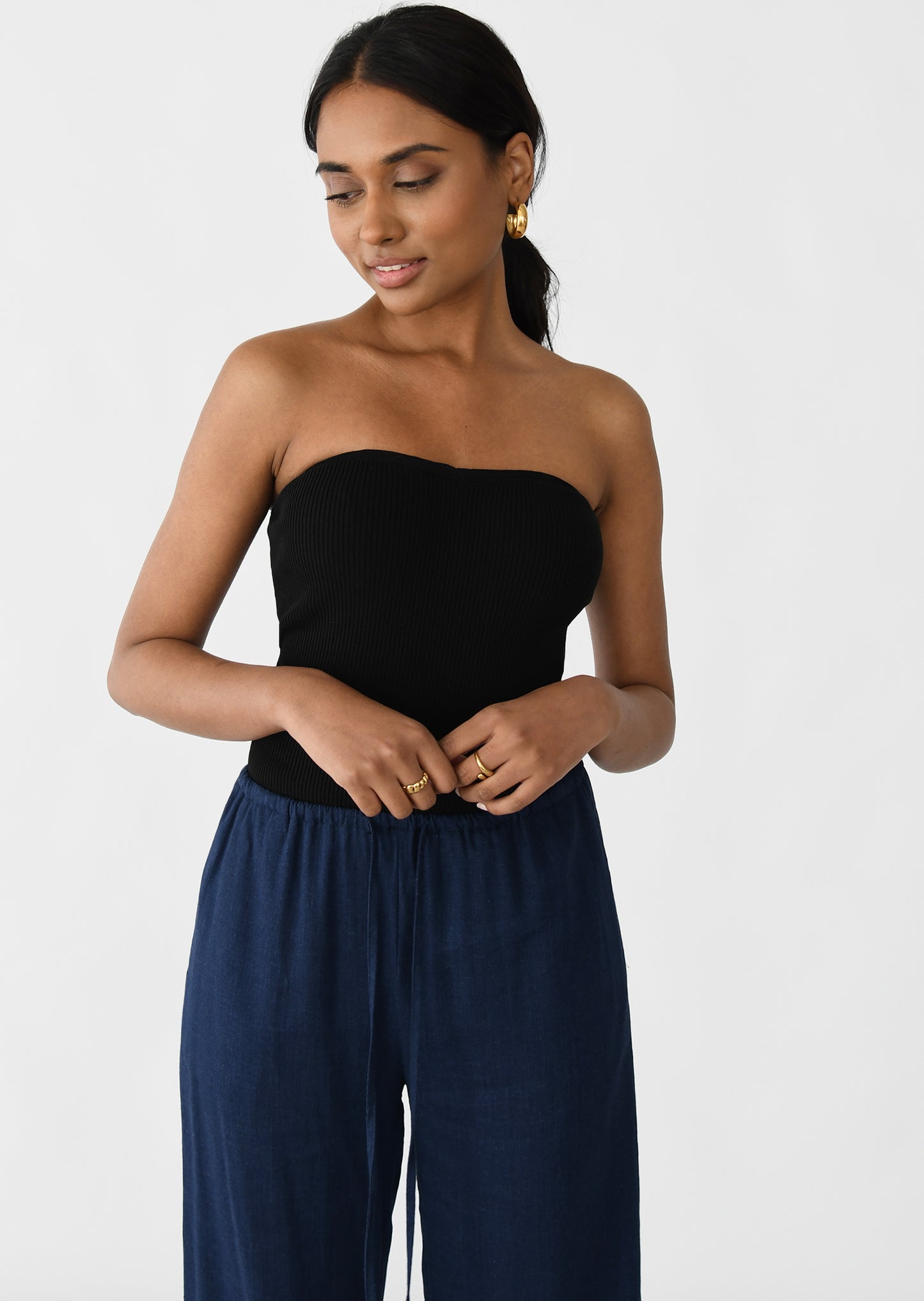 Linen wide-leg drawstring trousers