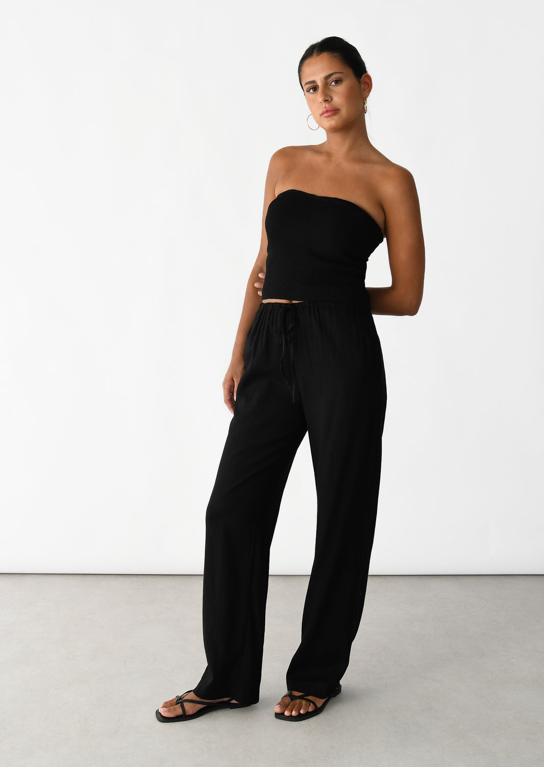 Linen wide-leg drawstring trousers