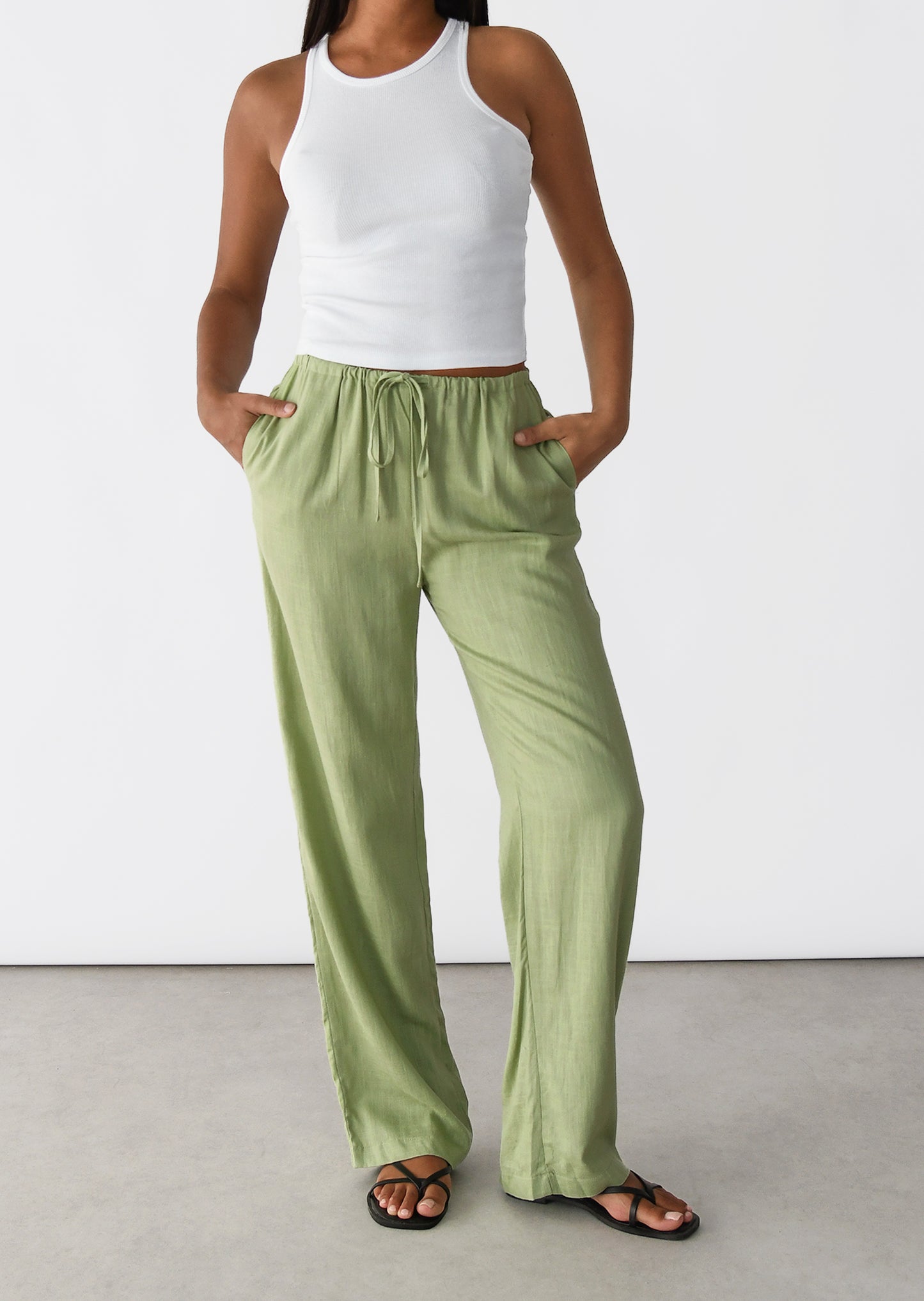 Linen wide-leg drawstring trousers