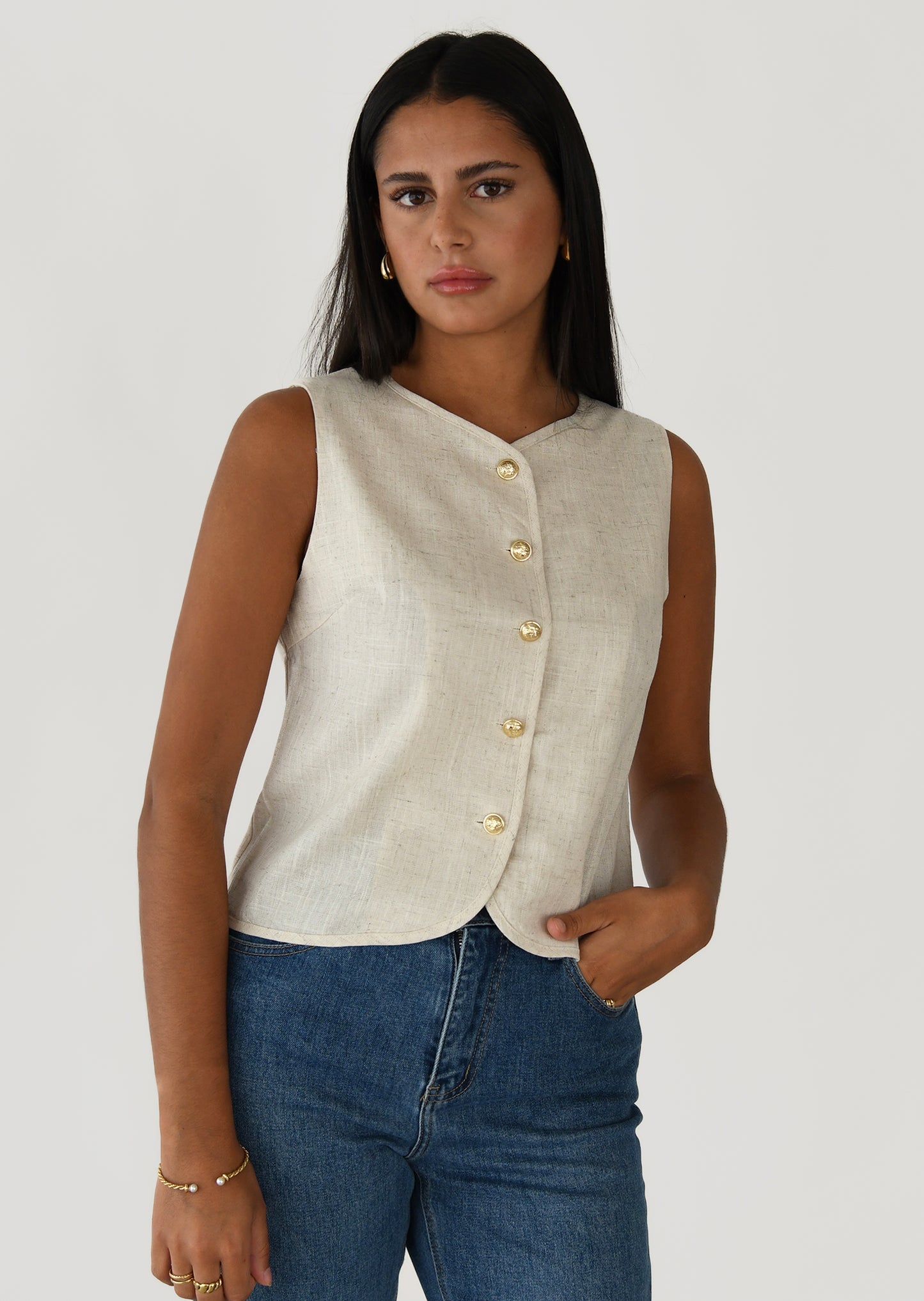 Linen gold button vest 