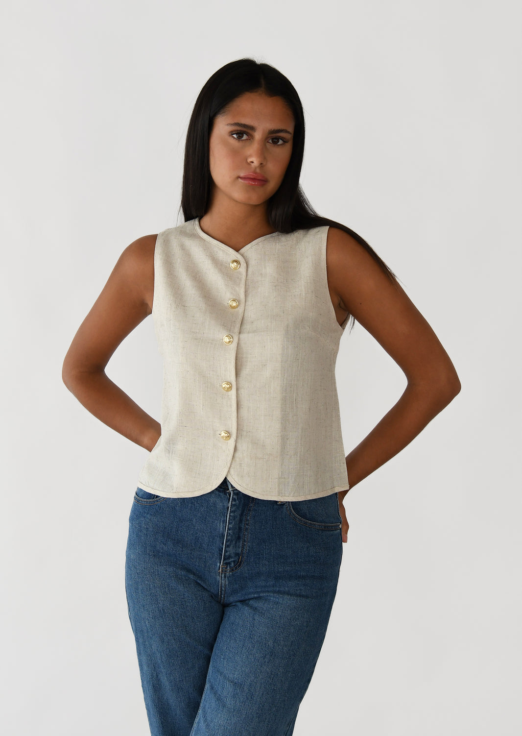 Linen gold button vest 