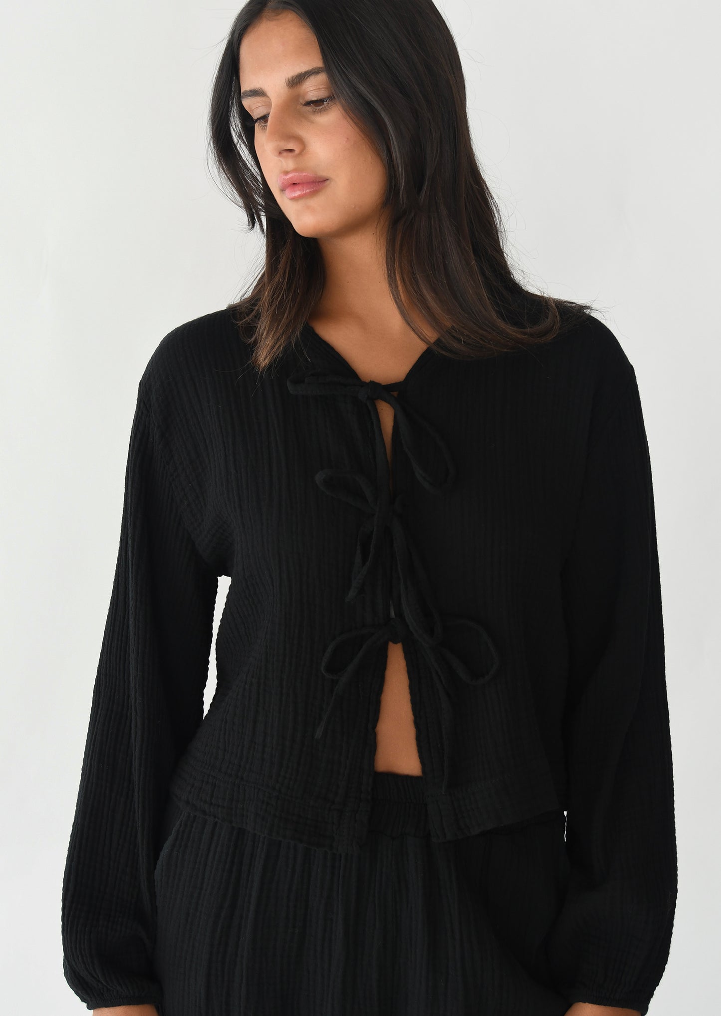 Textured tie front blouse