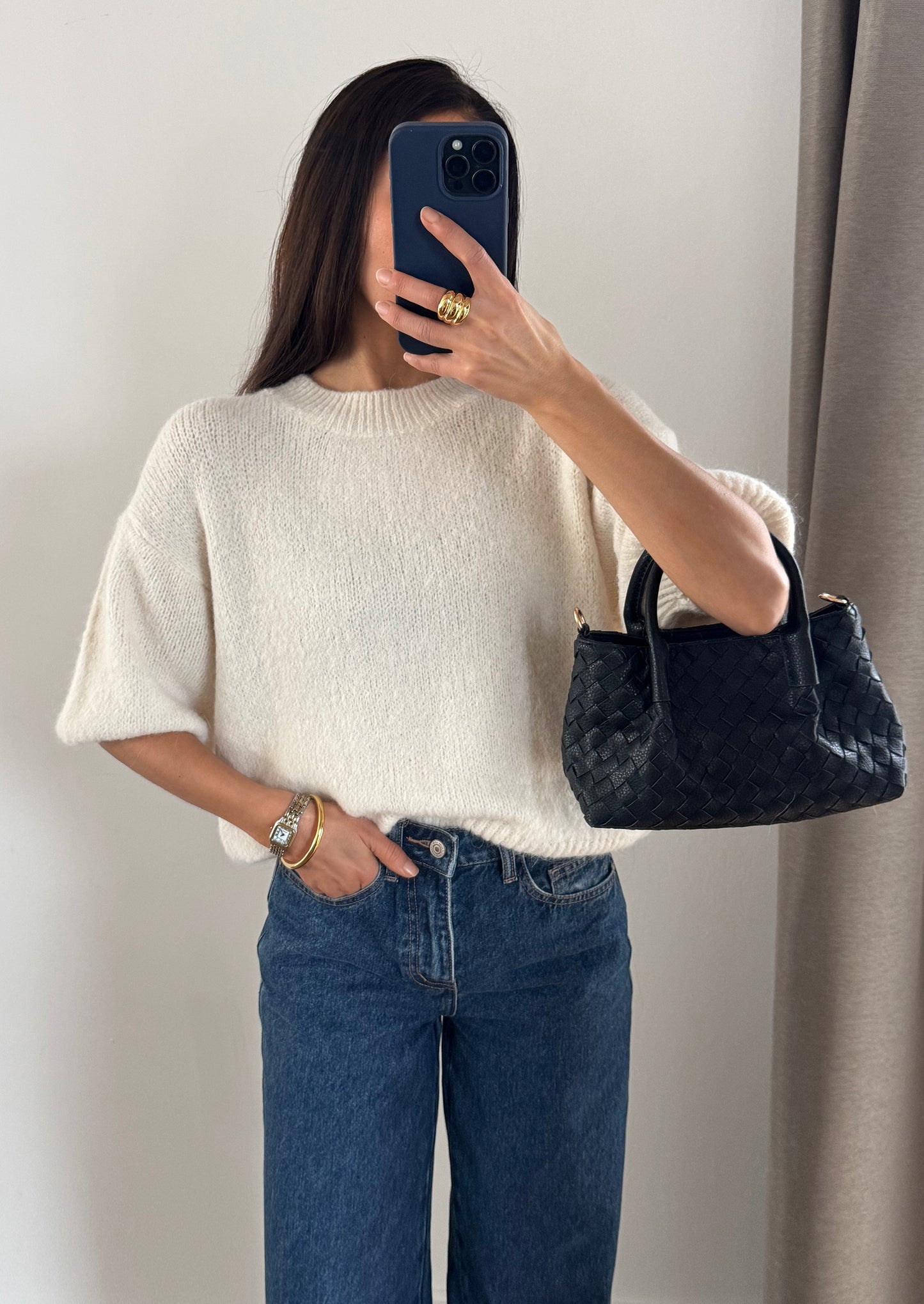 Short-sleeved sweater in kid mohair and wool blend