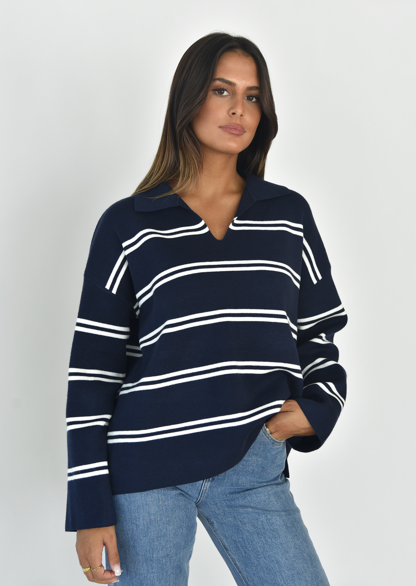 Striped collar knitted sweater