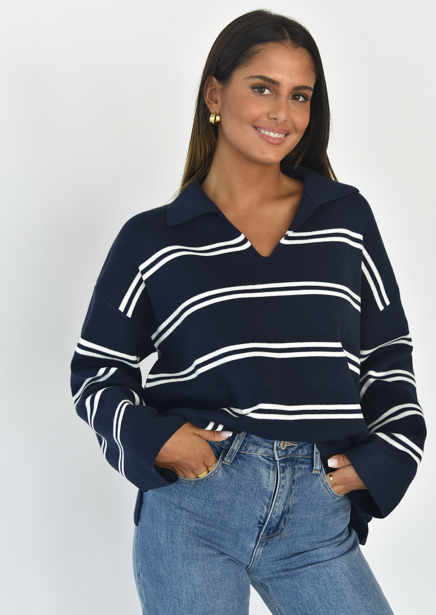 Striped collar knitted sweater